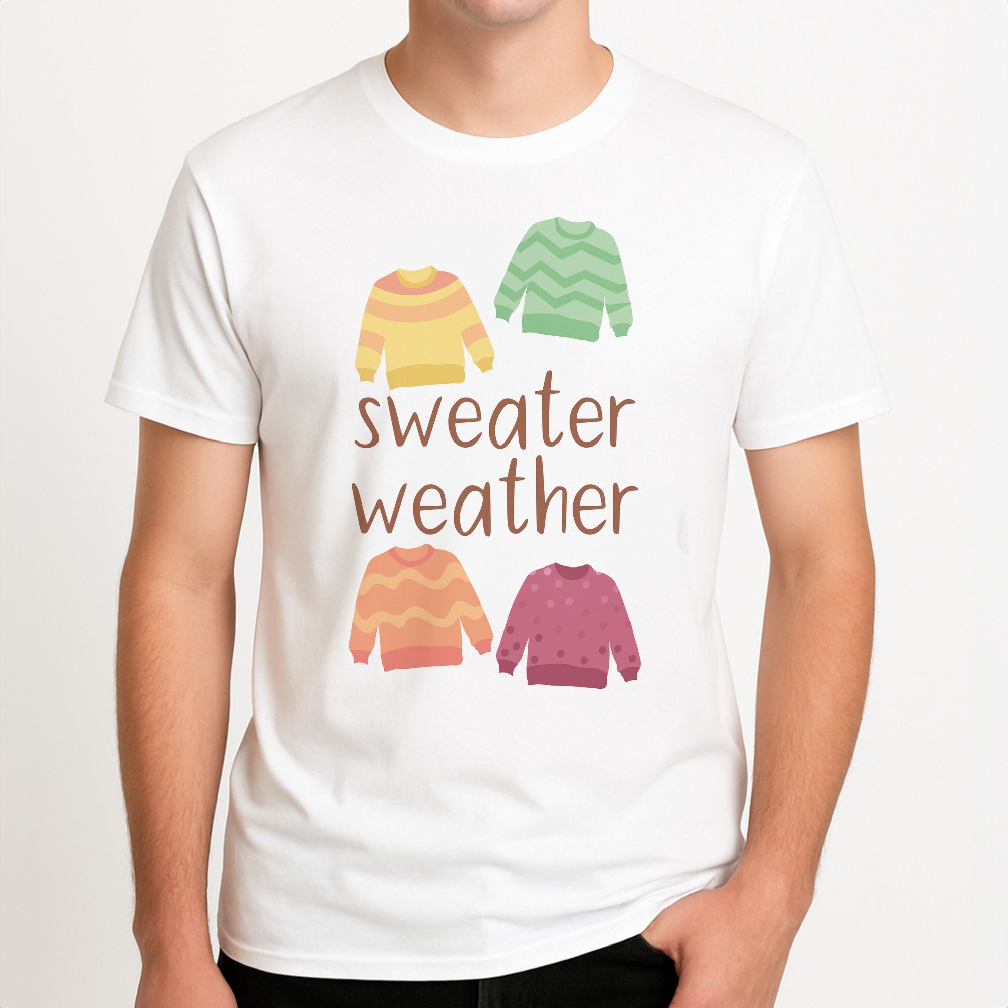Sweater Weather - Autumn Unisex T-Shirt, worn by a male model.