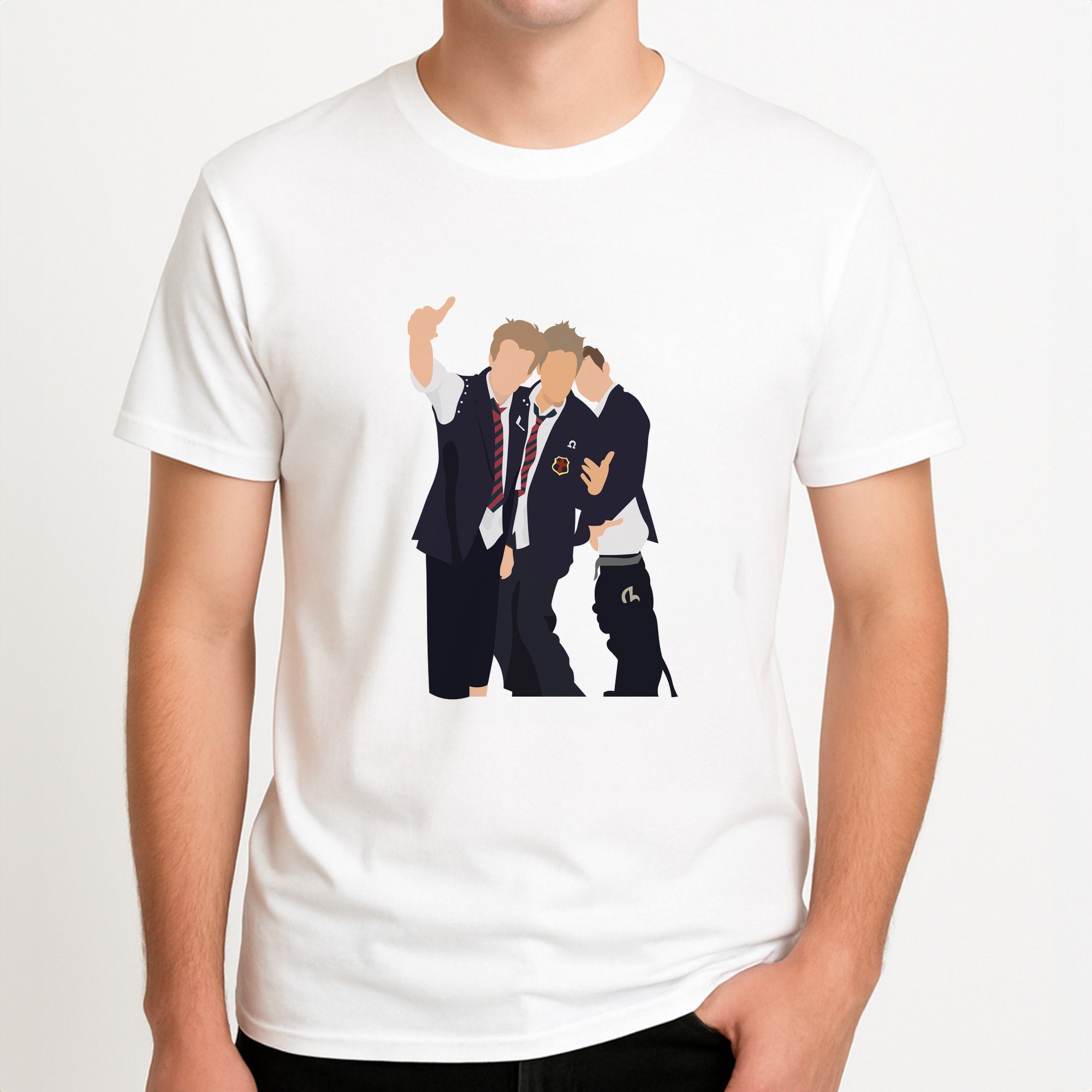 School Clothes - Bust Band Unisex T-Shirt, worn by a male model.