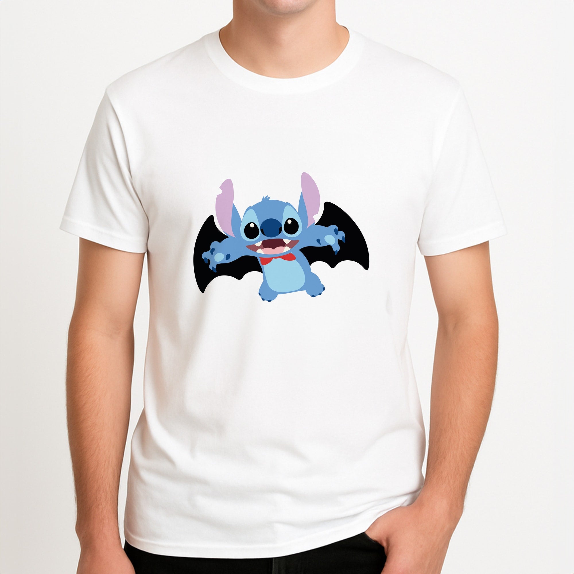 Vampire Alien Blue Halloween Unisex T-Shirt, worn by a male model.