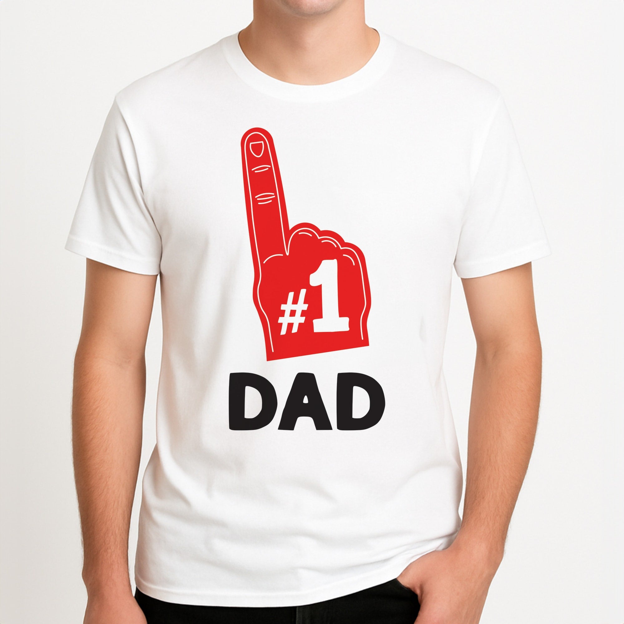 #1 Dad Foam Finger Unisex T-Shirt, worn by a male model.