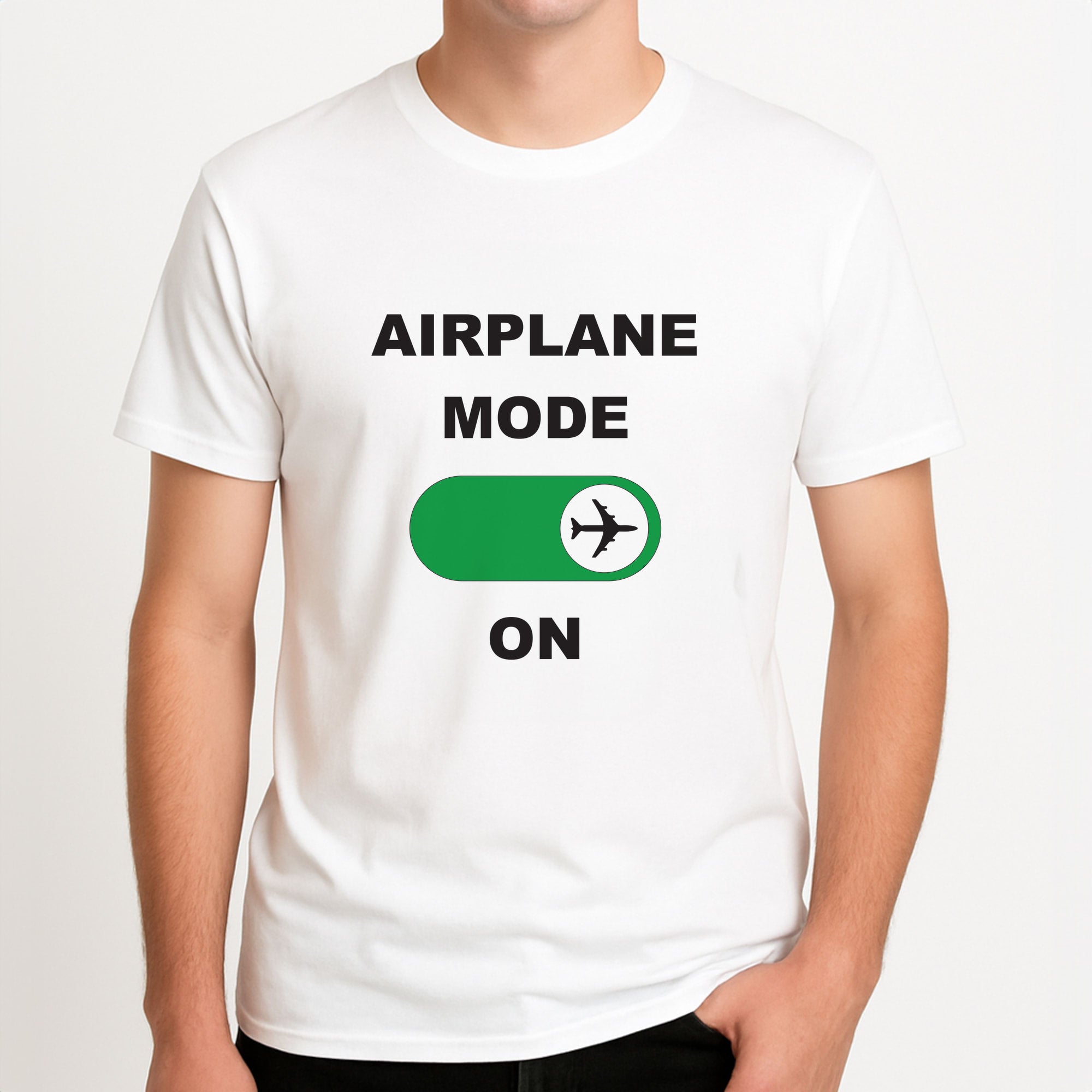 Airplane Mode On - Travel Unisex T-Shirt, worn by a male model.