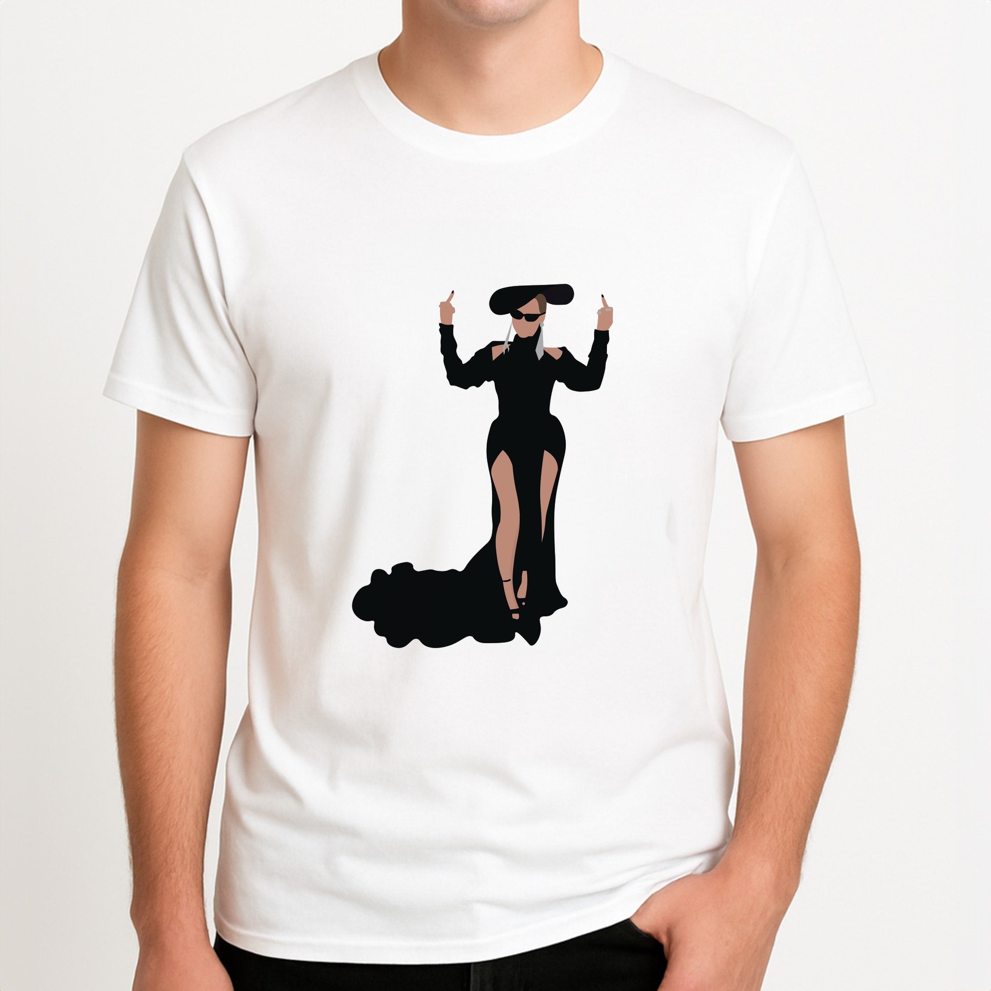 Middle Fingers - Queen B Unisex T-Shirt, worn by a male model.