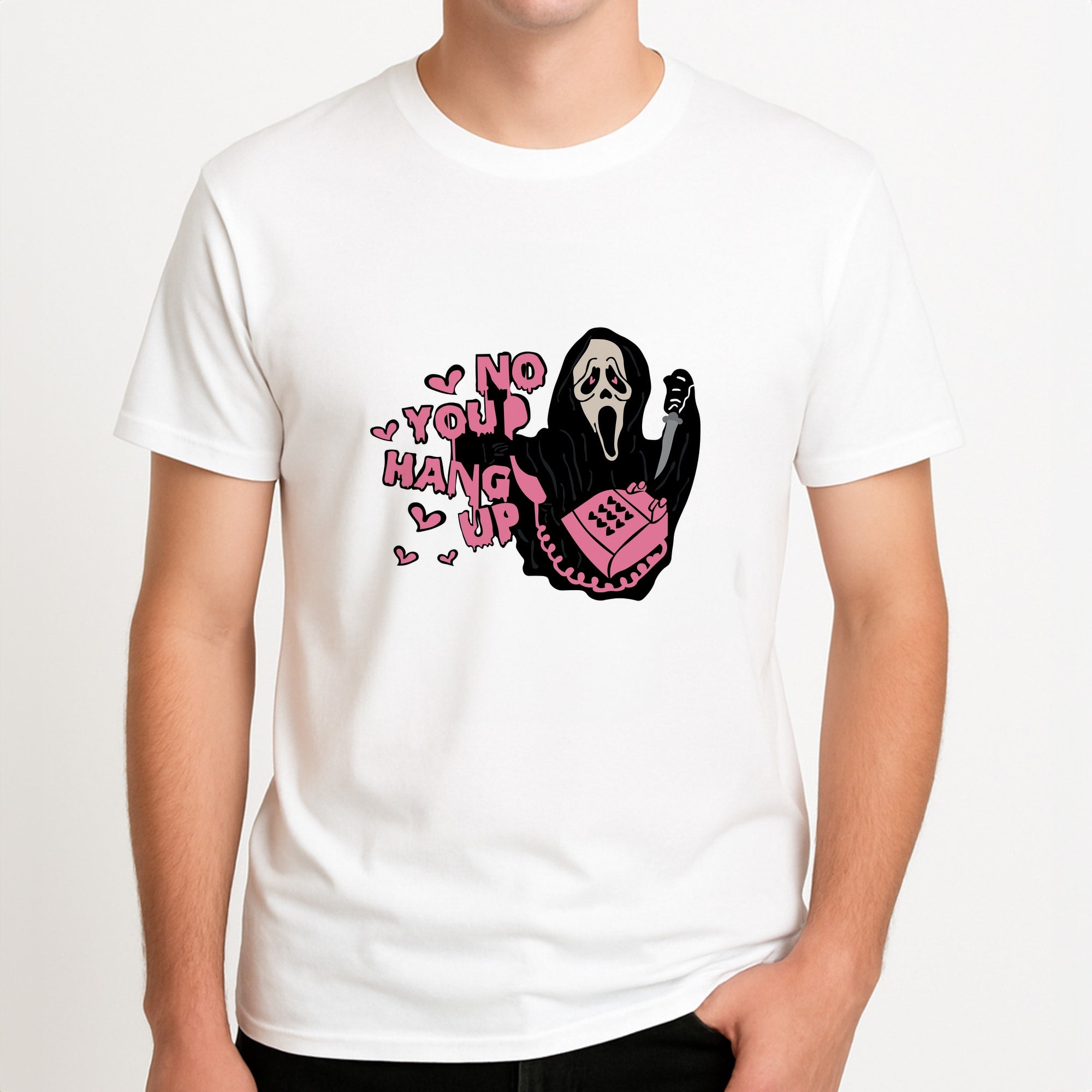 No You Hang Up - Halloween Unisex T-Shirt, worn by a male model.