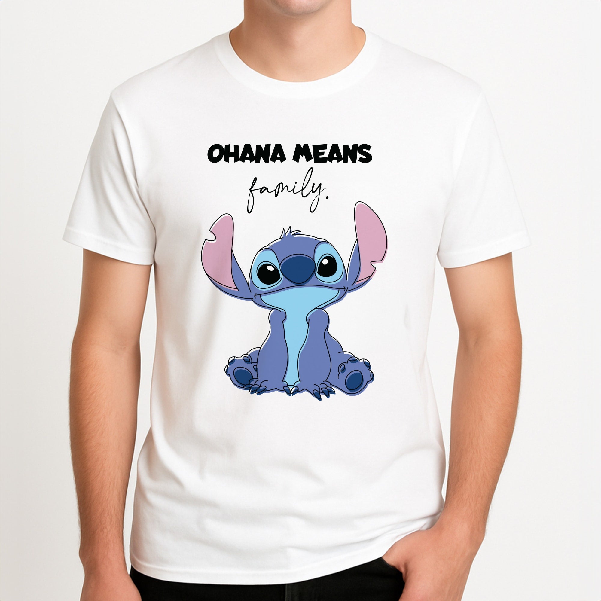 Ohana Means Family Pink Unisex T-Shirt, worn by a male model.