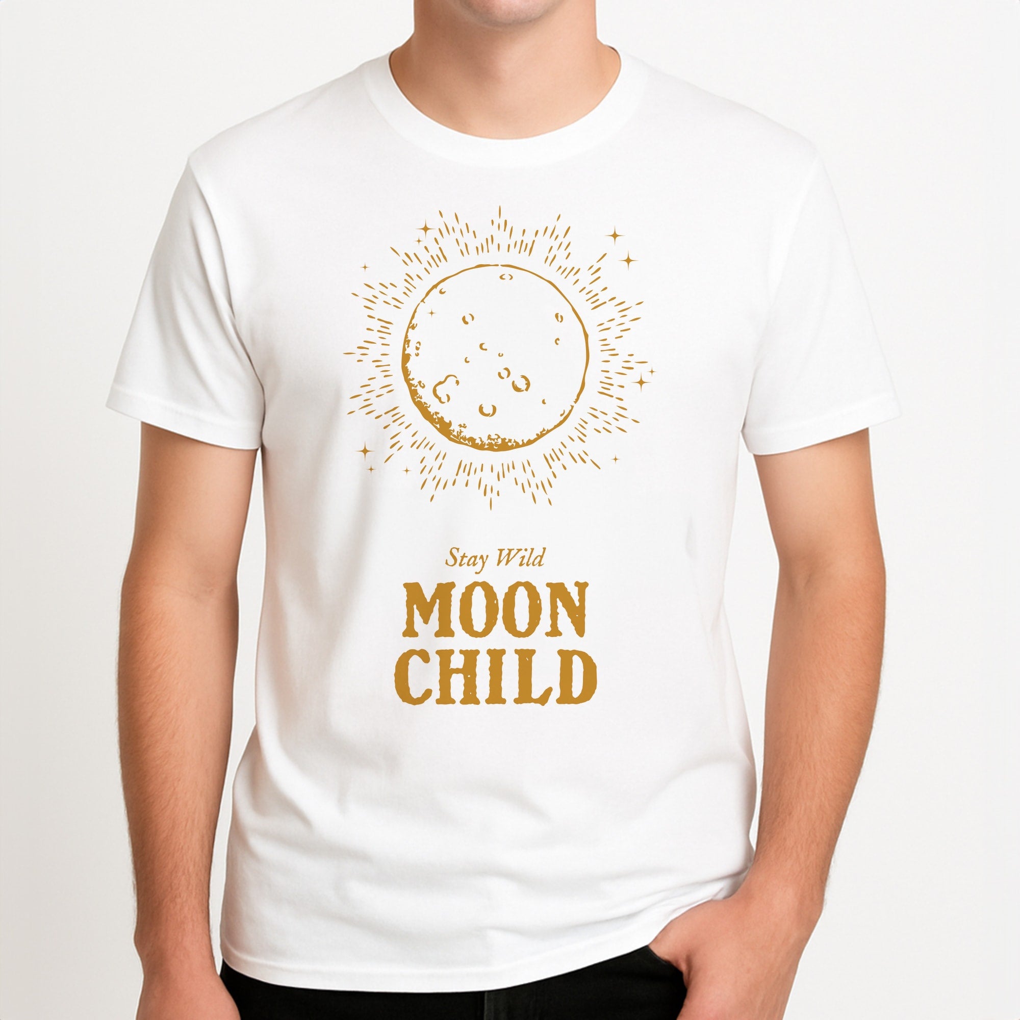 Stay Wild, Moon Child Unisex T-Shirt, worn by a male model.
