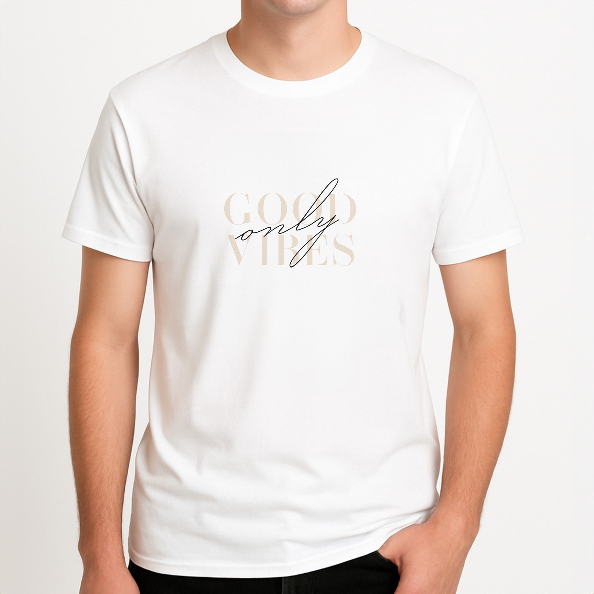 Good Vibes Only Unisex T-Shirt, worn by a male model.