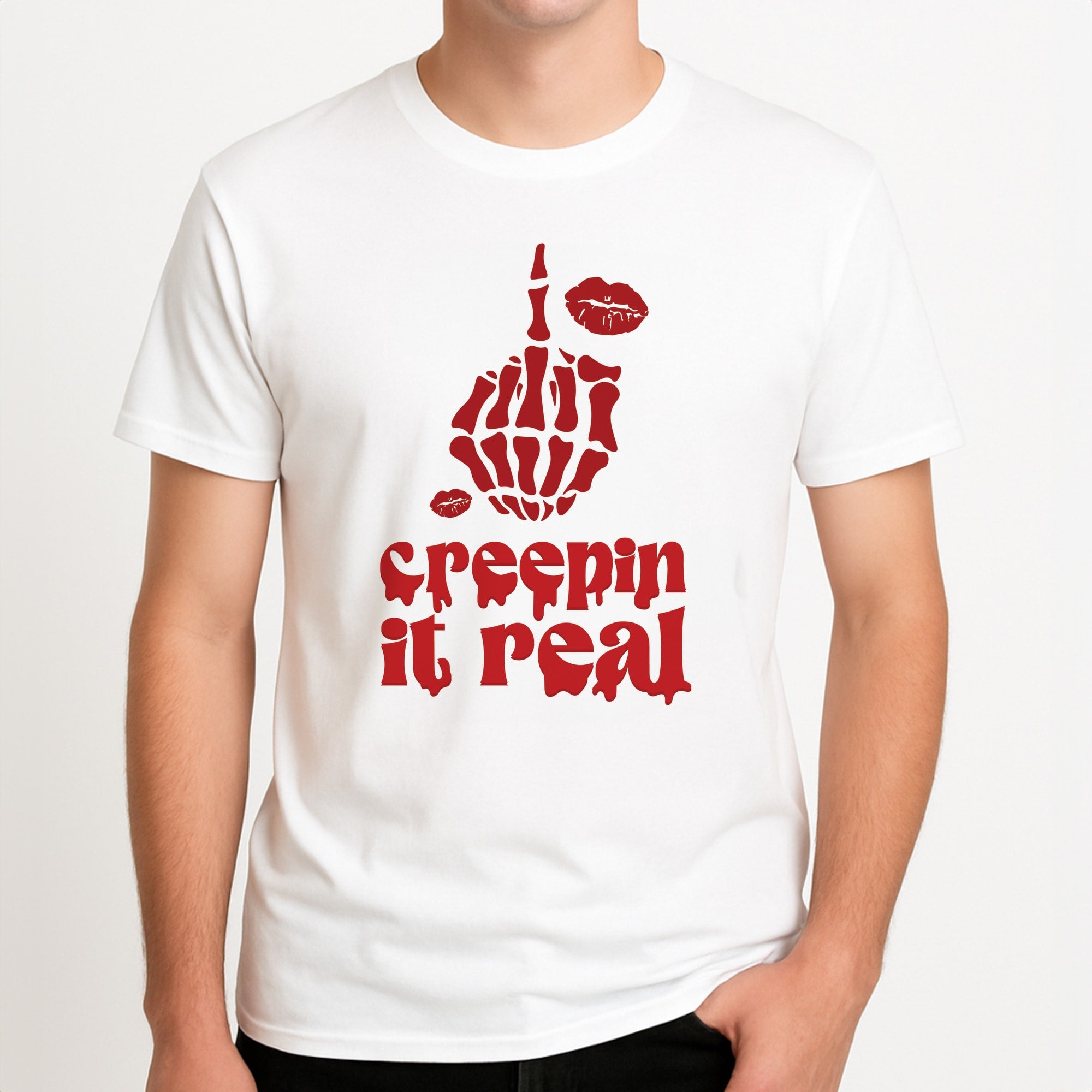 Creepin It Real Unisex T-Shirt, worn by a male model.