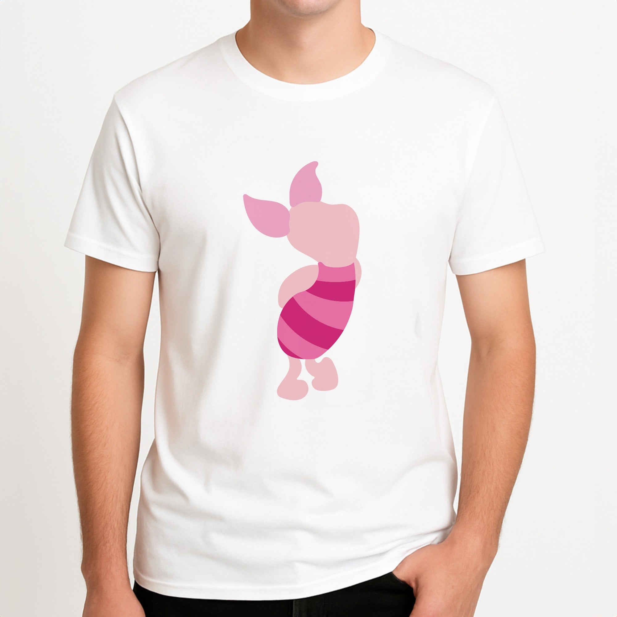 Pig Faceless - Winnie Unisex T-Shirt, worn by a male model.