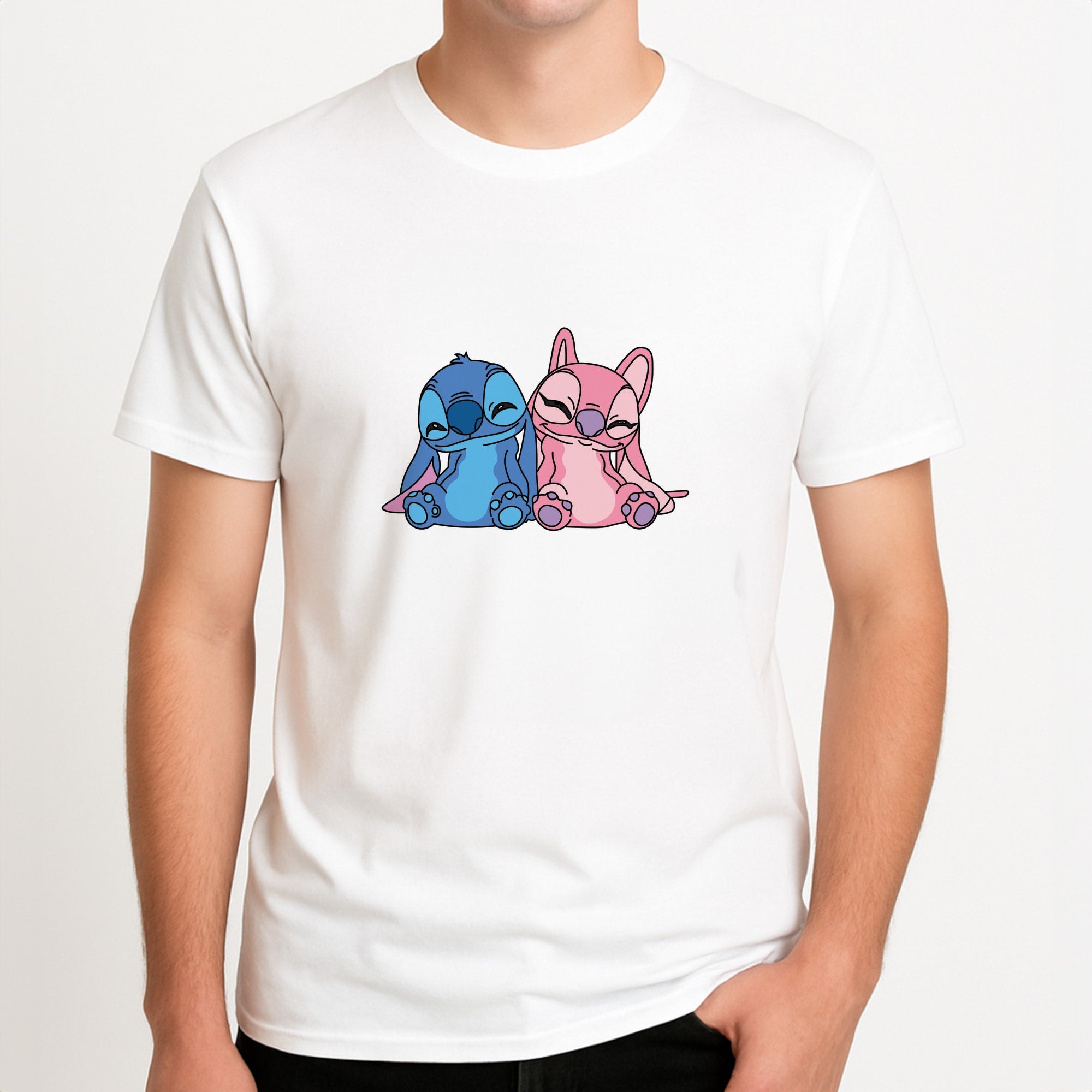 Best Friends - Pink Alien Unisex T-Shirt, worn by a male model.
