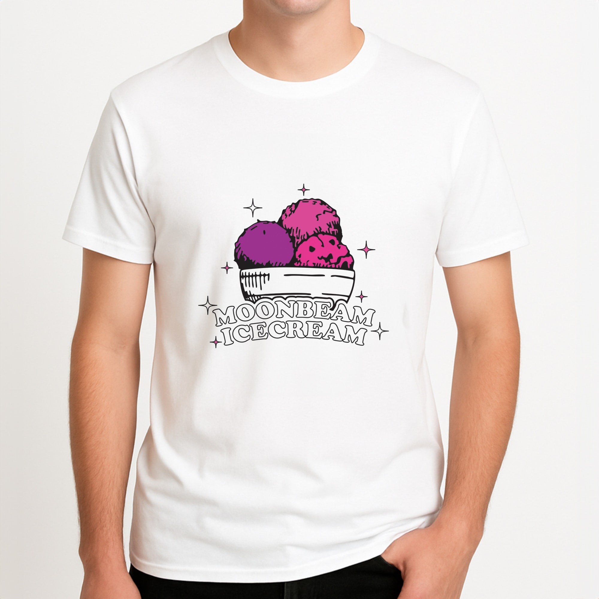 Moonbeam Icecream Unisex T-Shirt, worn by a male model.