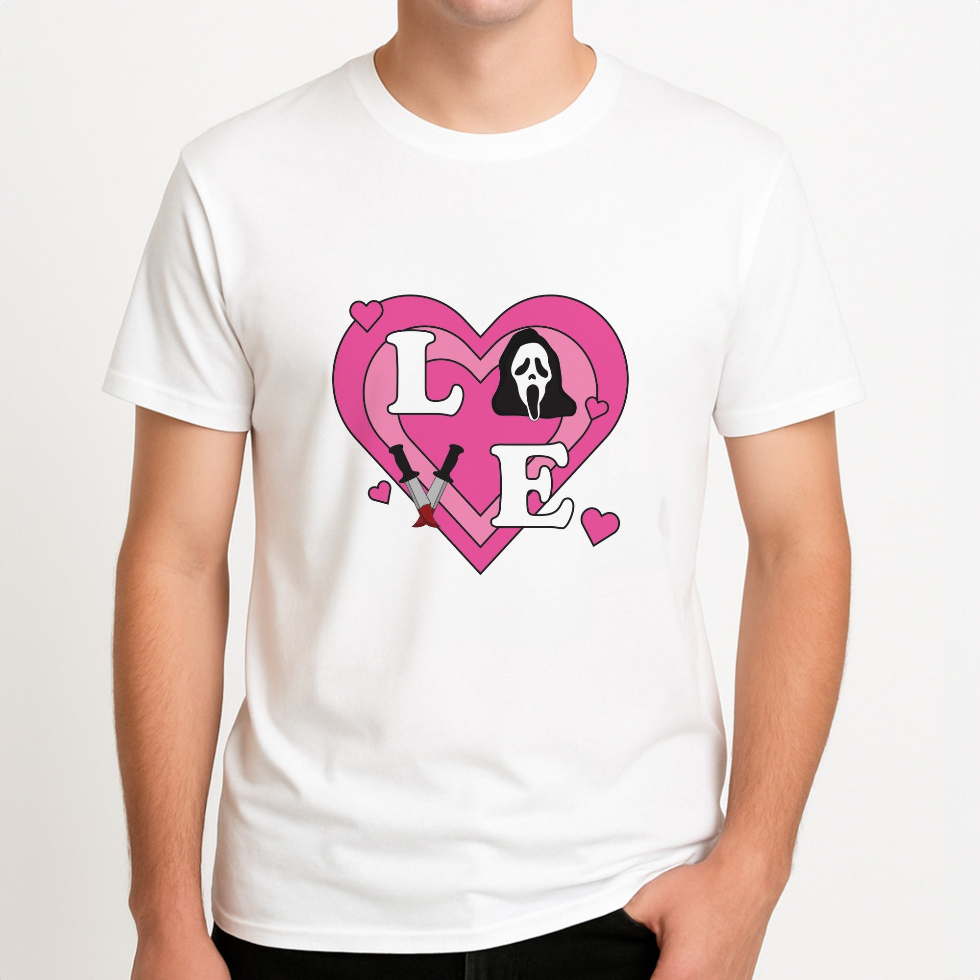 Love Ghost Unisex T-Shirt, worn by a male model.