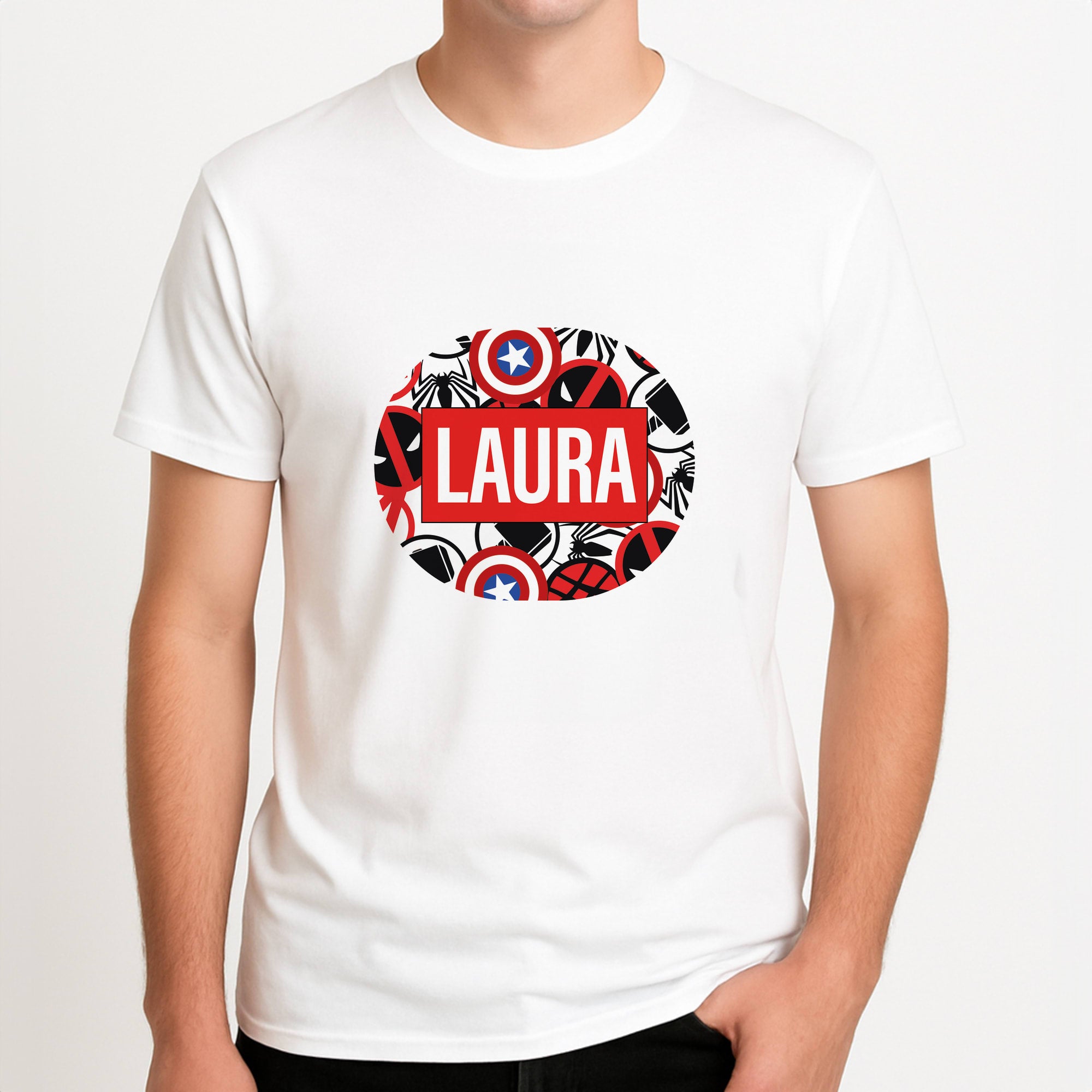 Collage - Personalised Superhero Comic Unisex T-Shirt, worn by a male model.