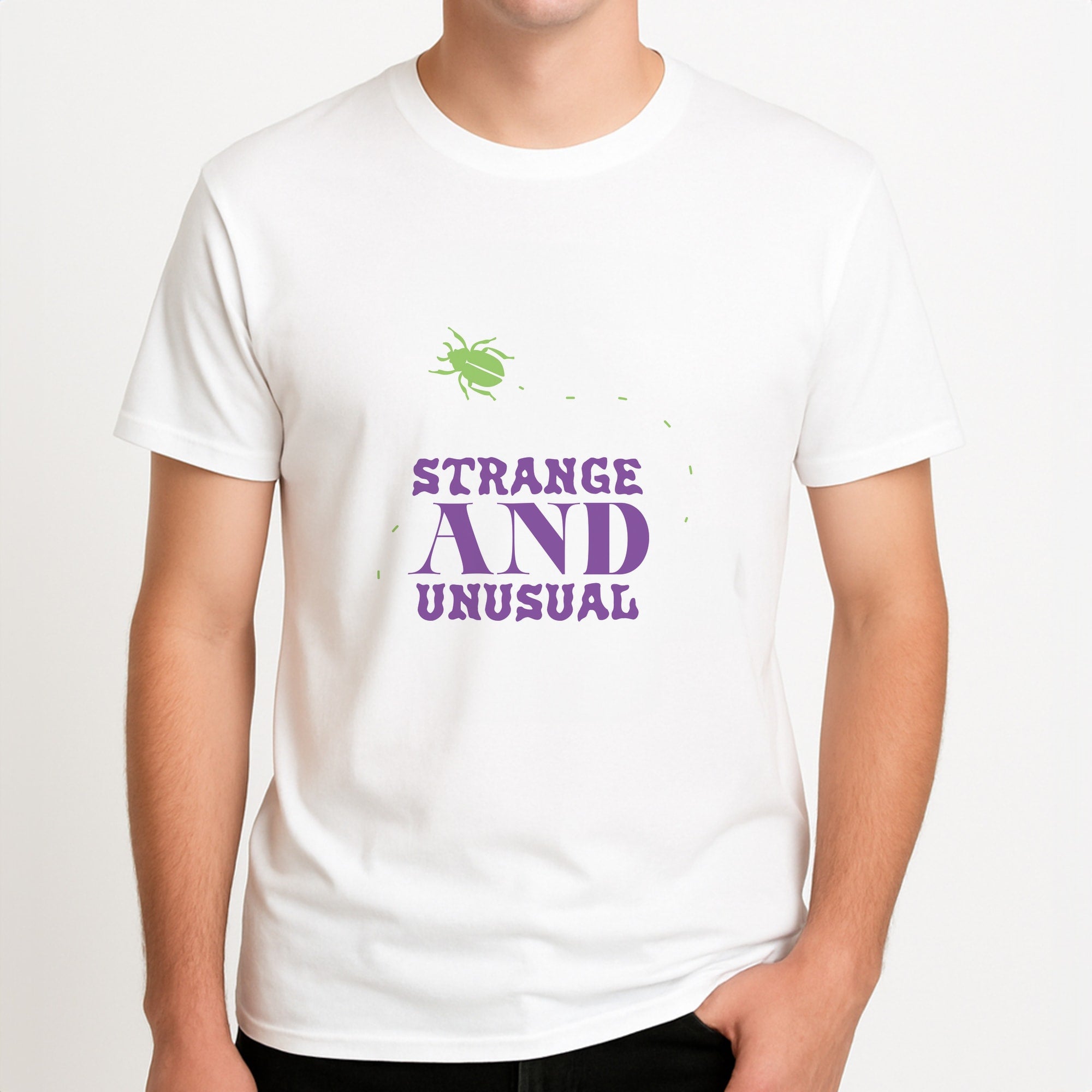 Strange And Unusual Unisex T-Shirt, worn by a male model.
