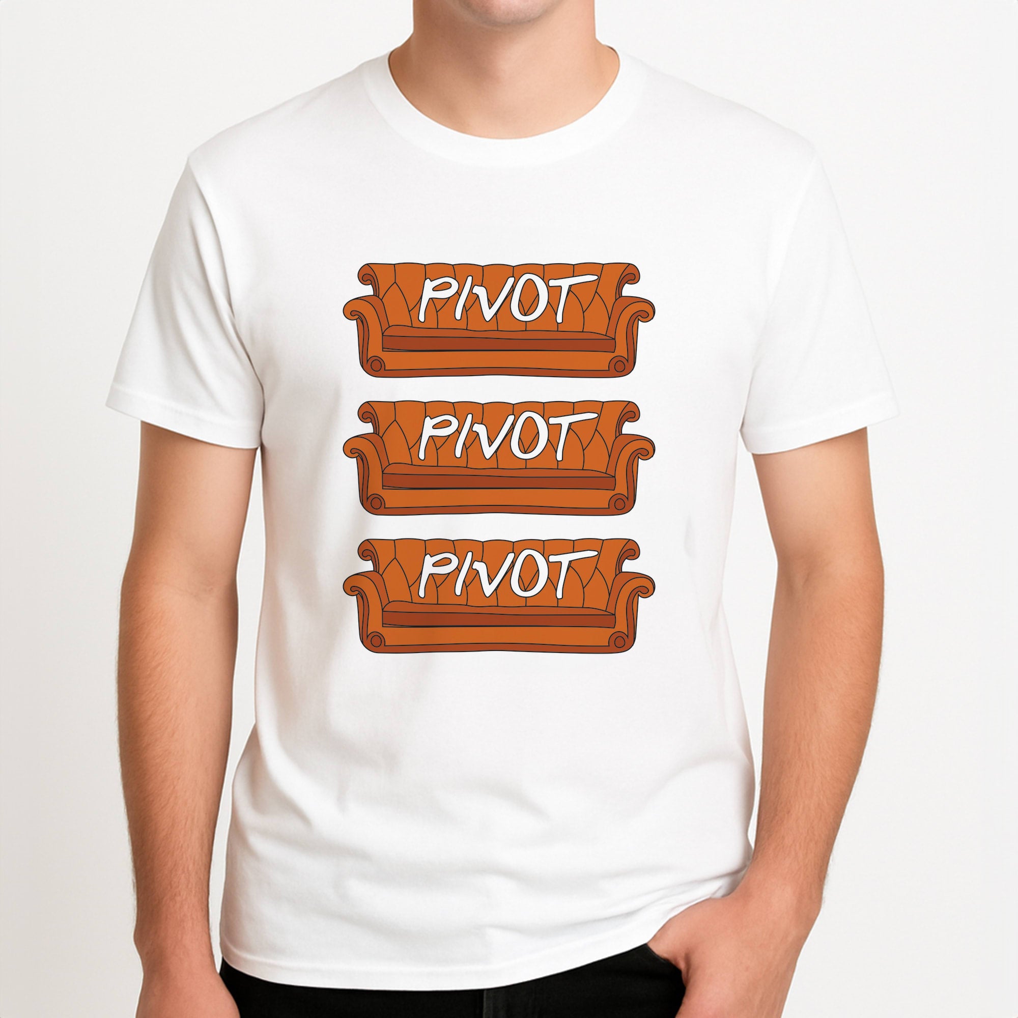 Sitcom Couches Pivot Unisex T-Shirt, worn by a male model.