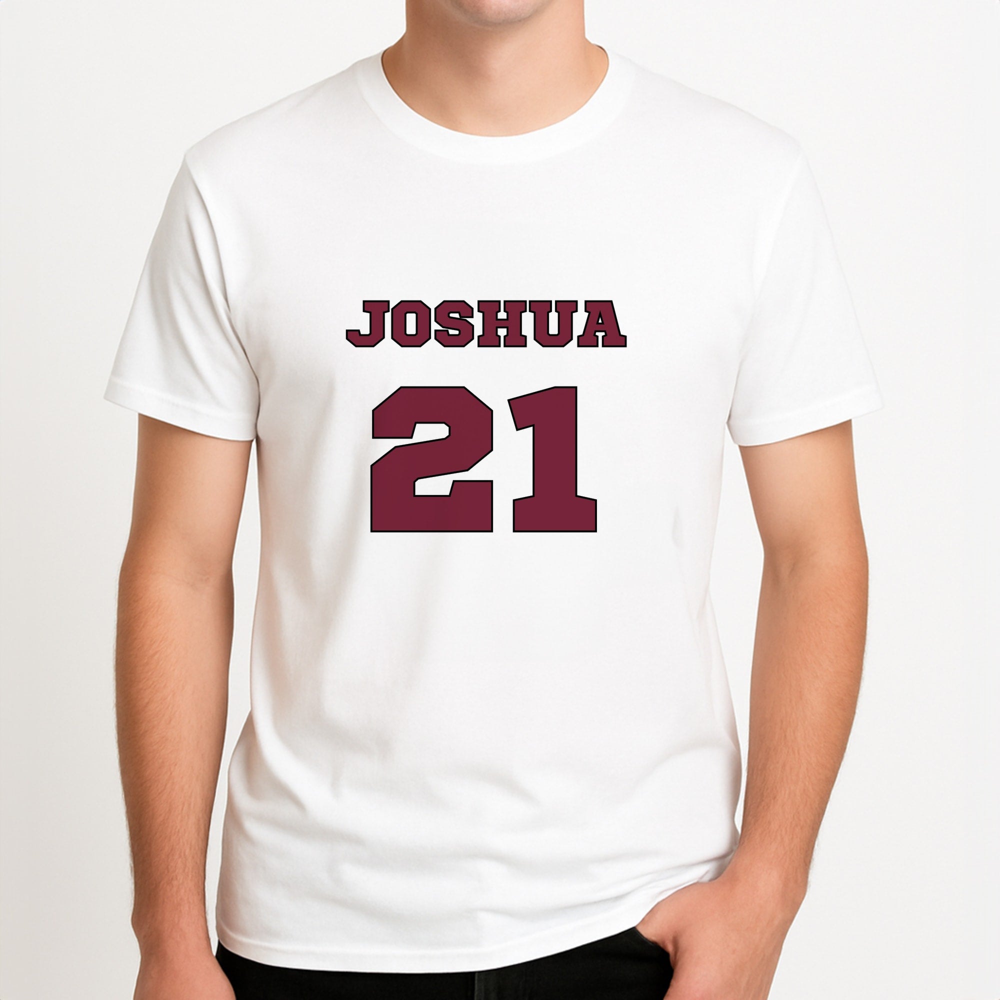 Burgundy - Personalised Football Unisex T-Shirt, worn by a male model.