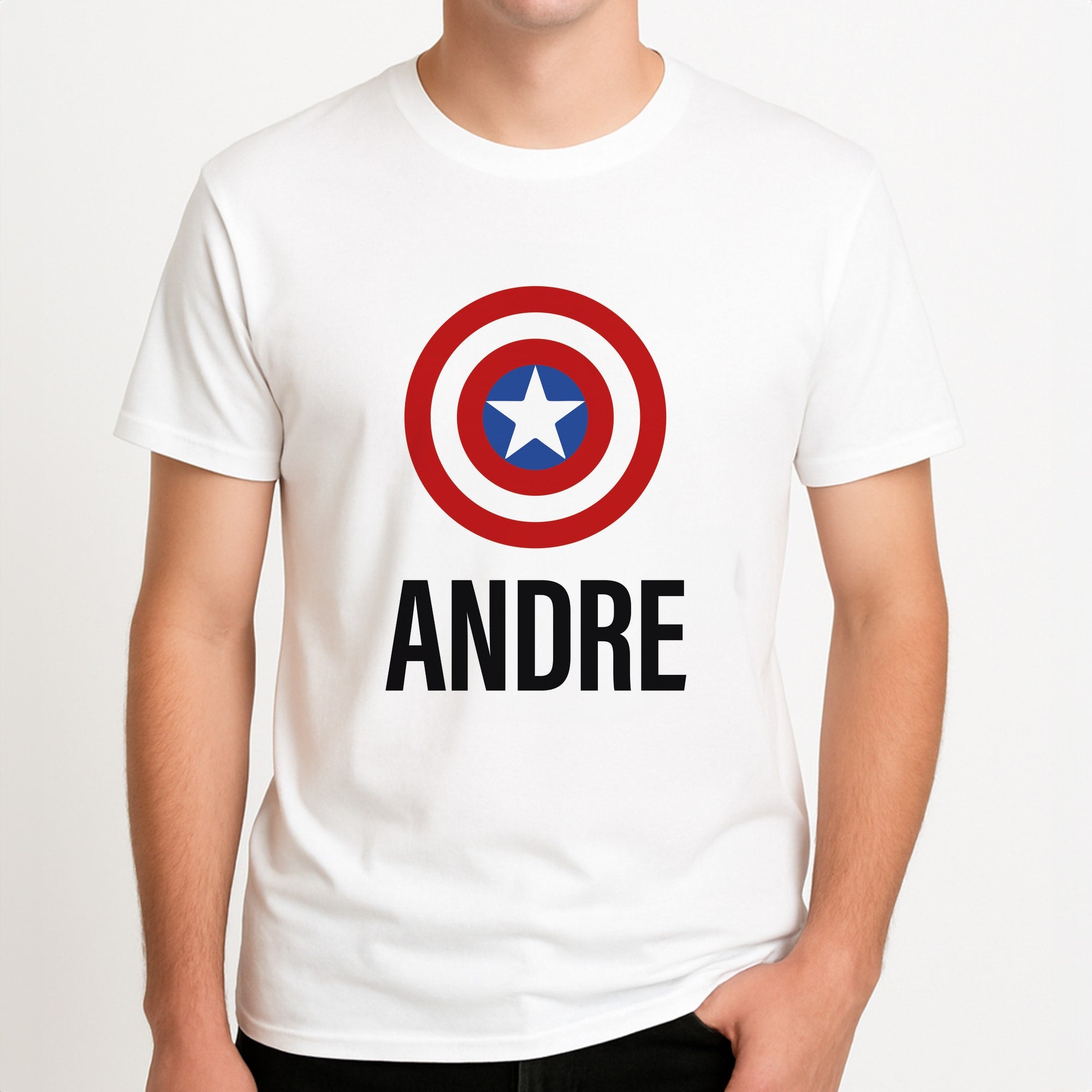 Captain America - Personalised Superhero Comic Unisex T-Shirt, worn by a male model.