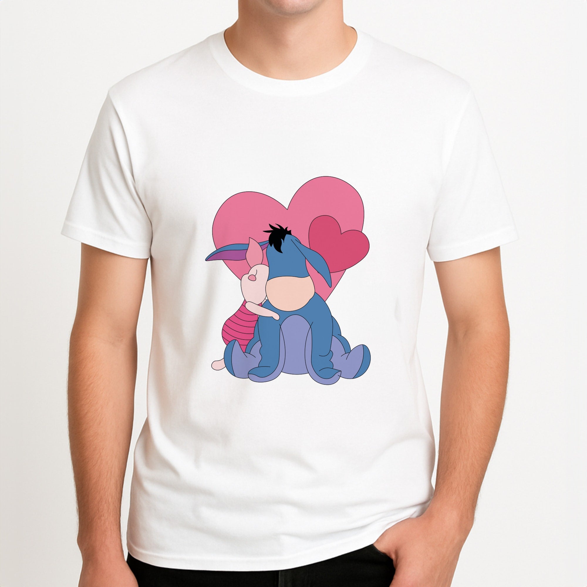 Donkey and Pig Valentine's Unisex T-Shirt, worn by a male model.