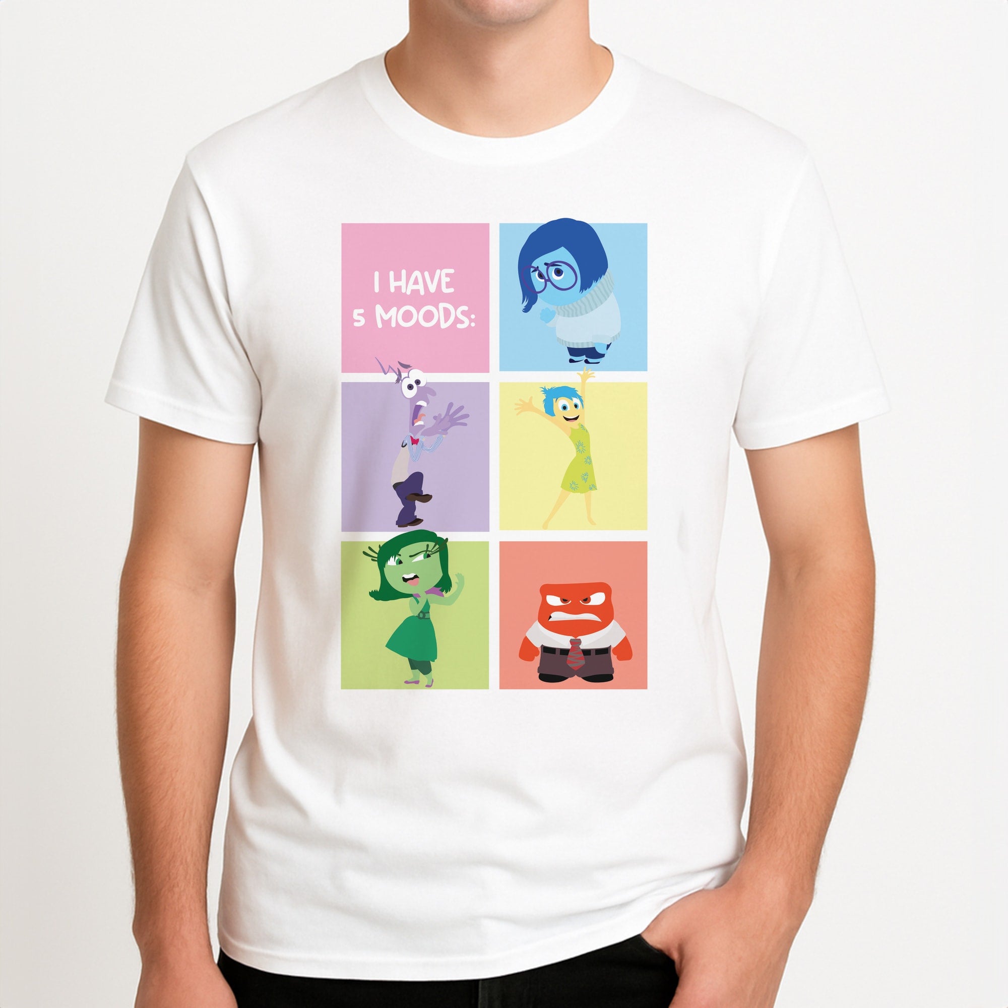 I Have Moods - Inside Out Unisex T-Shirt, worn by a male model.
