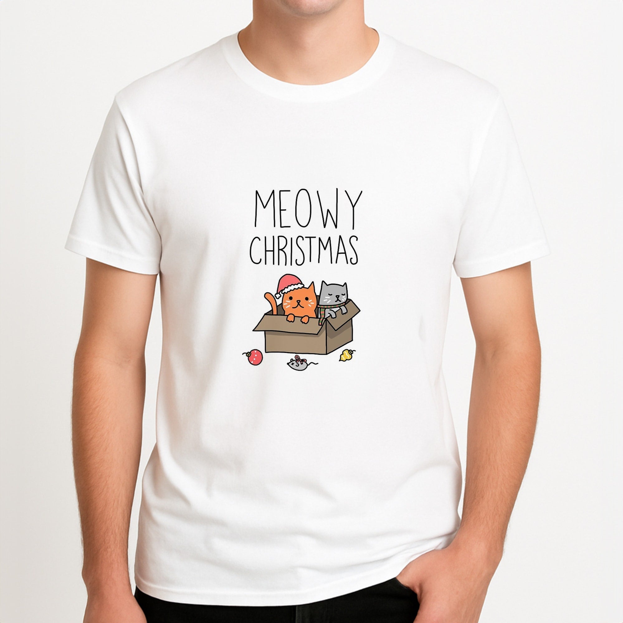 Meowy Christmas Unisex T-Shirt, worn by a male model.
