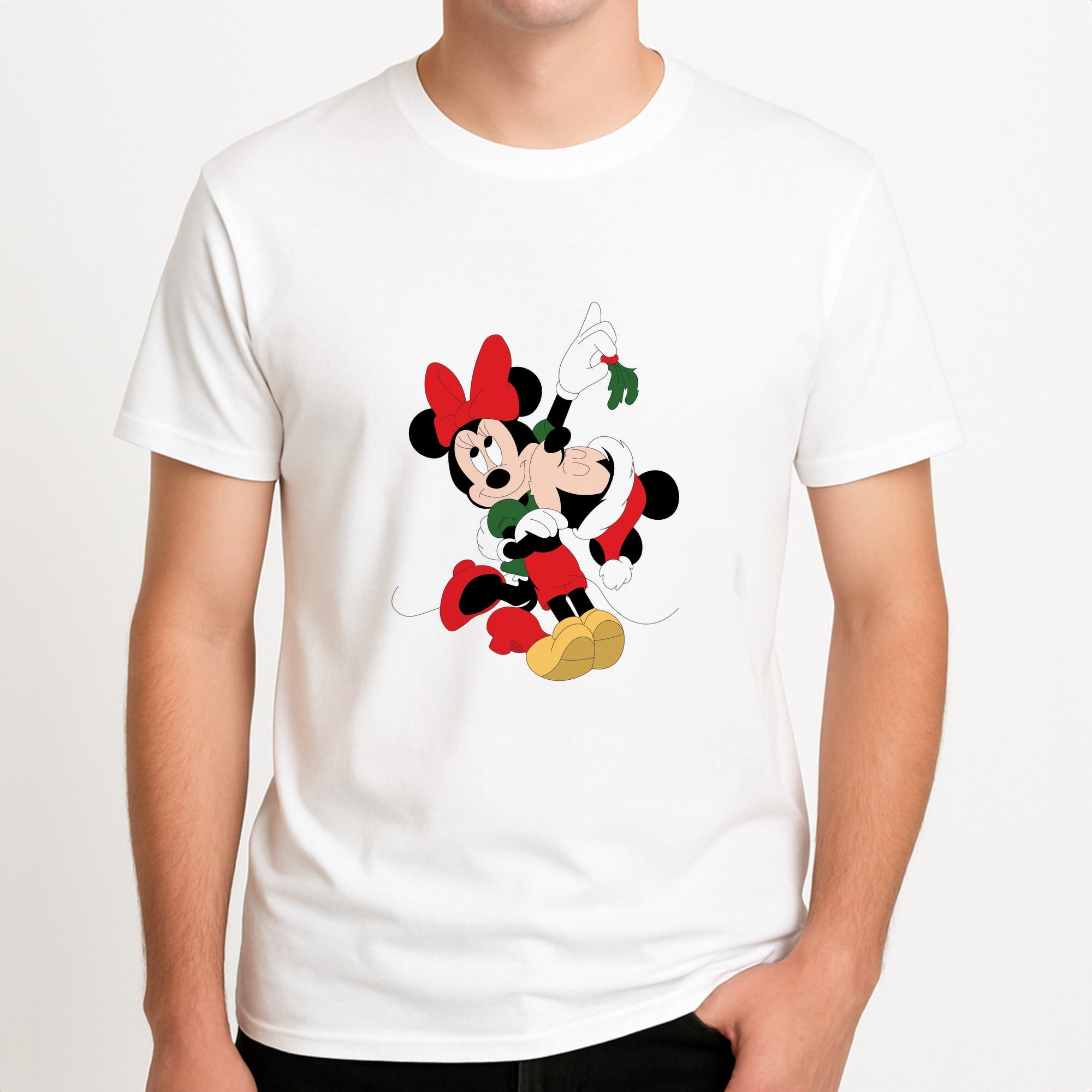 Mistletoe Fairytale Mice - Christmas Unisex T-Shirt, worn by a male model.