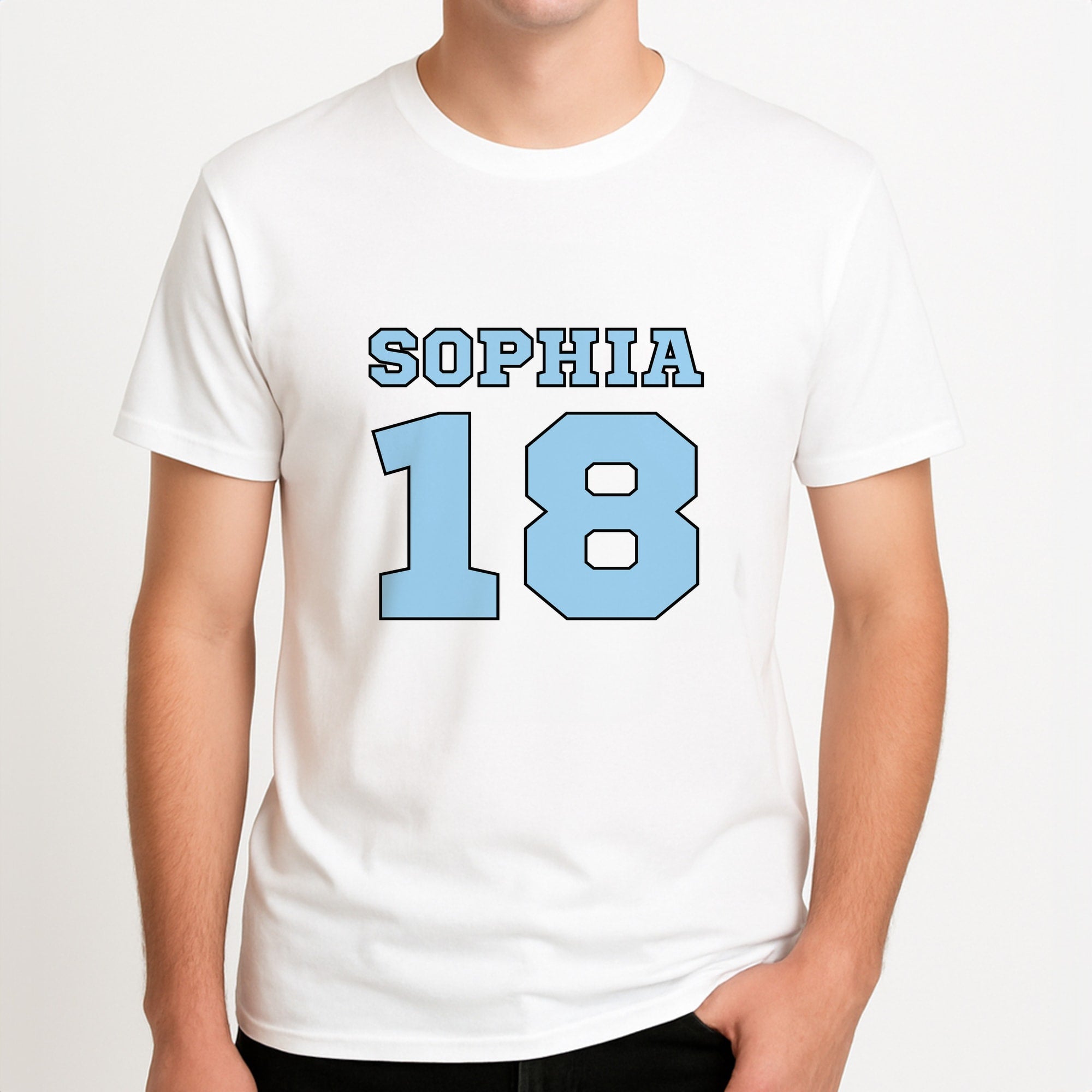 Light Blue - Personalised Football Unisex T-Shirt, worn by a male model.
