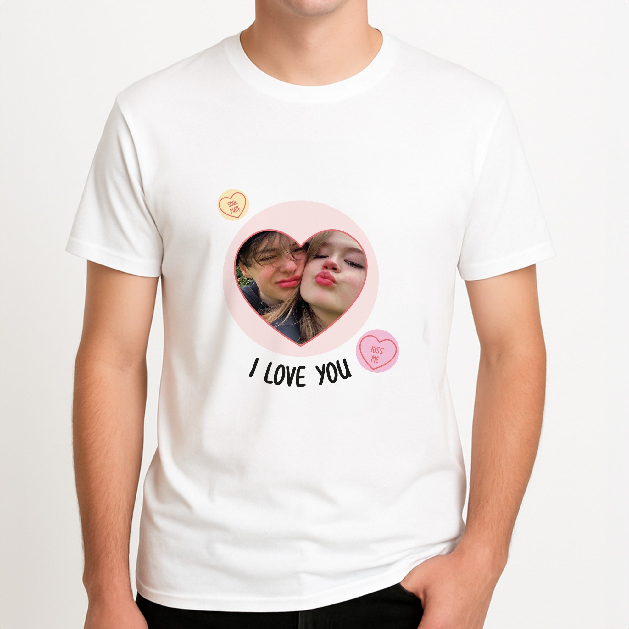 I Love You - Personalised Couples Unisex T-Shirt, worn by a male model.
