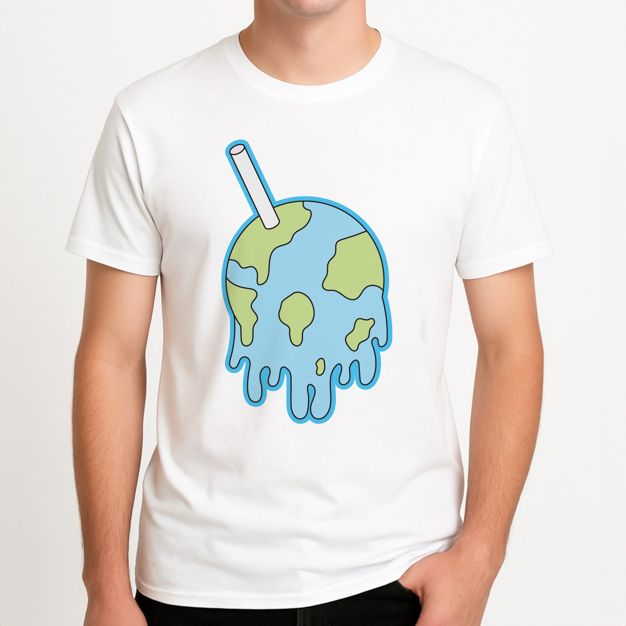 Straw - Juice Unisex T-Shirt, worn by a male model.