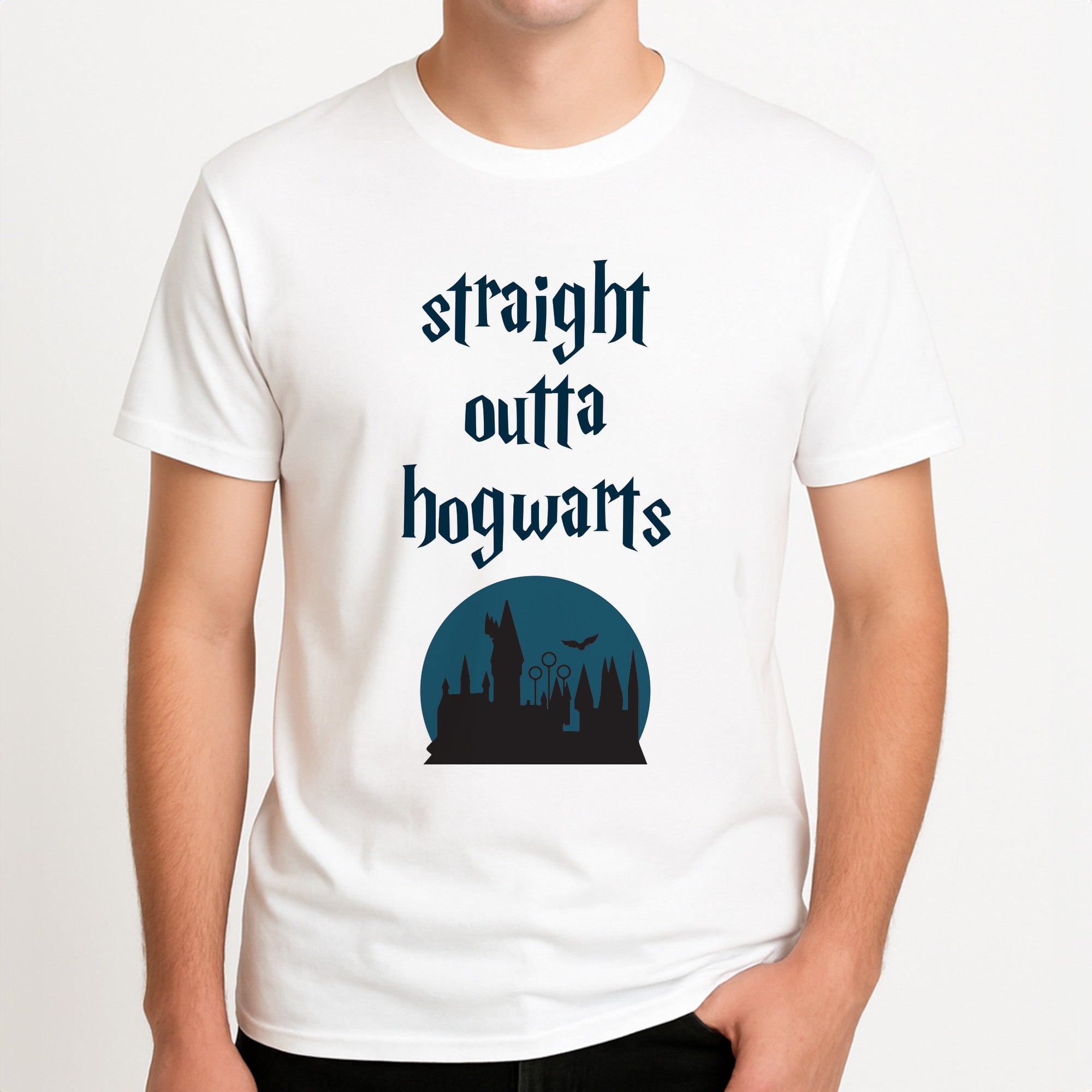 Straight Outta Hogwarts Unisex T-Shirt, worn by a male model.