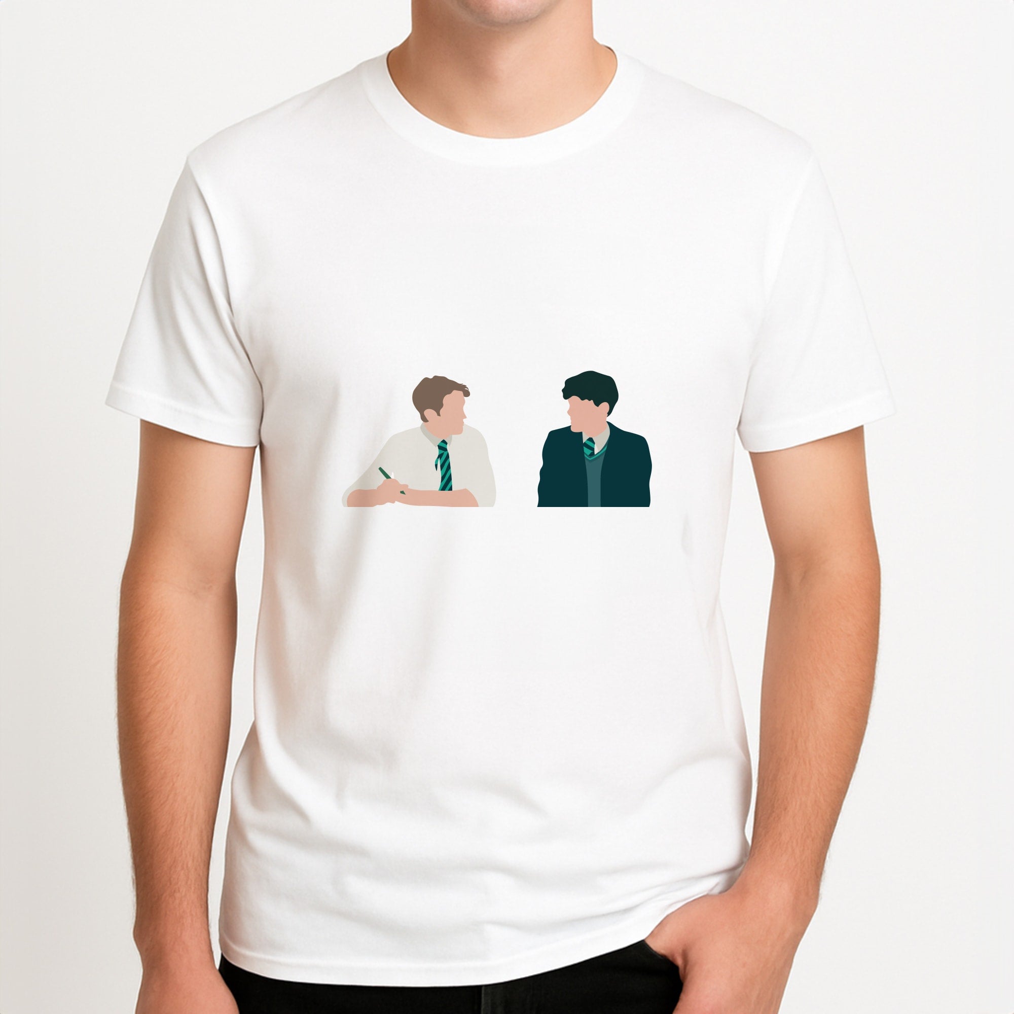Blue And Yellow - Heart TV Unisex T-Shirt, worn by a male model.