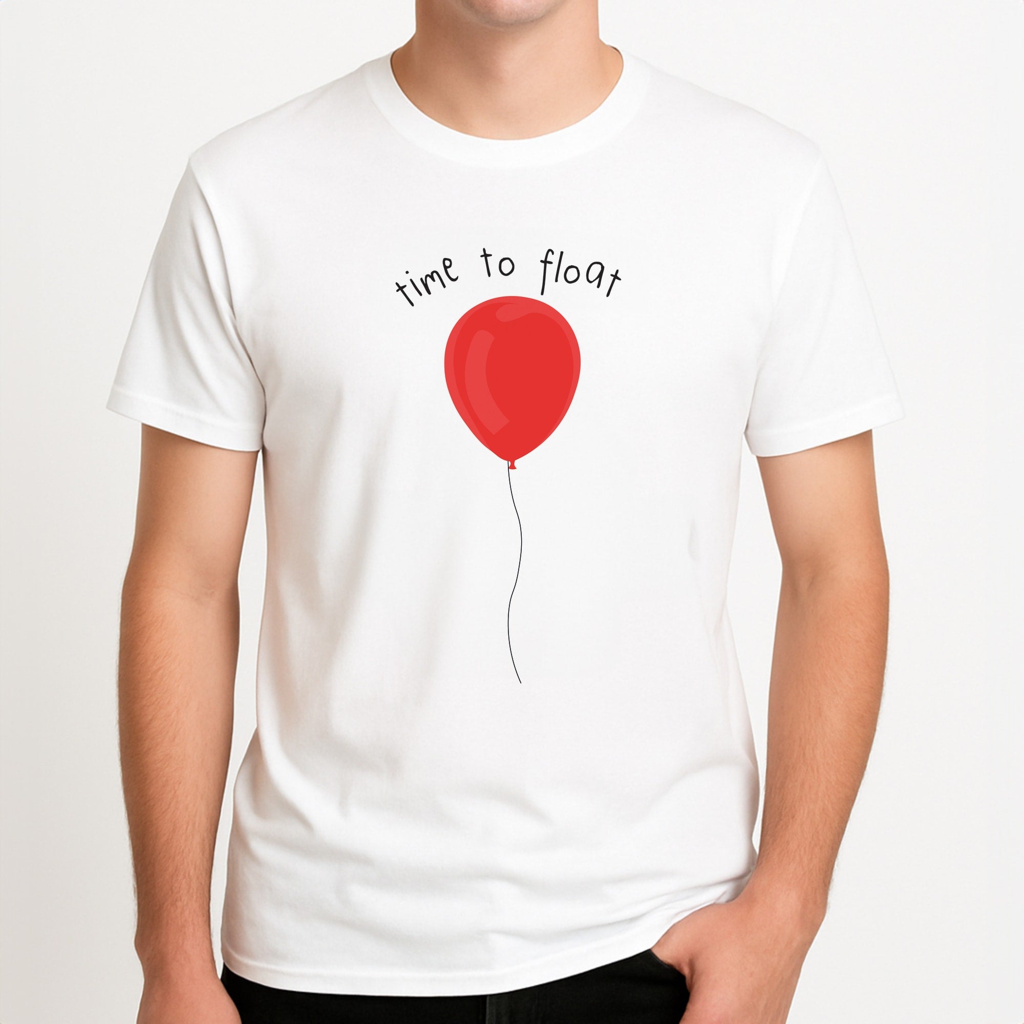 Time To Float - Clown Unisex T-Shirt, worn by a male model.
