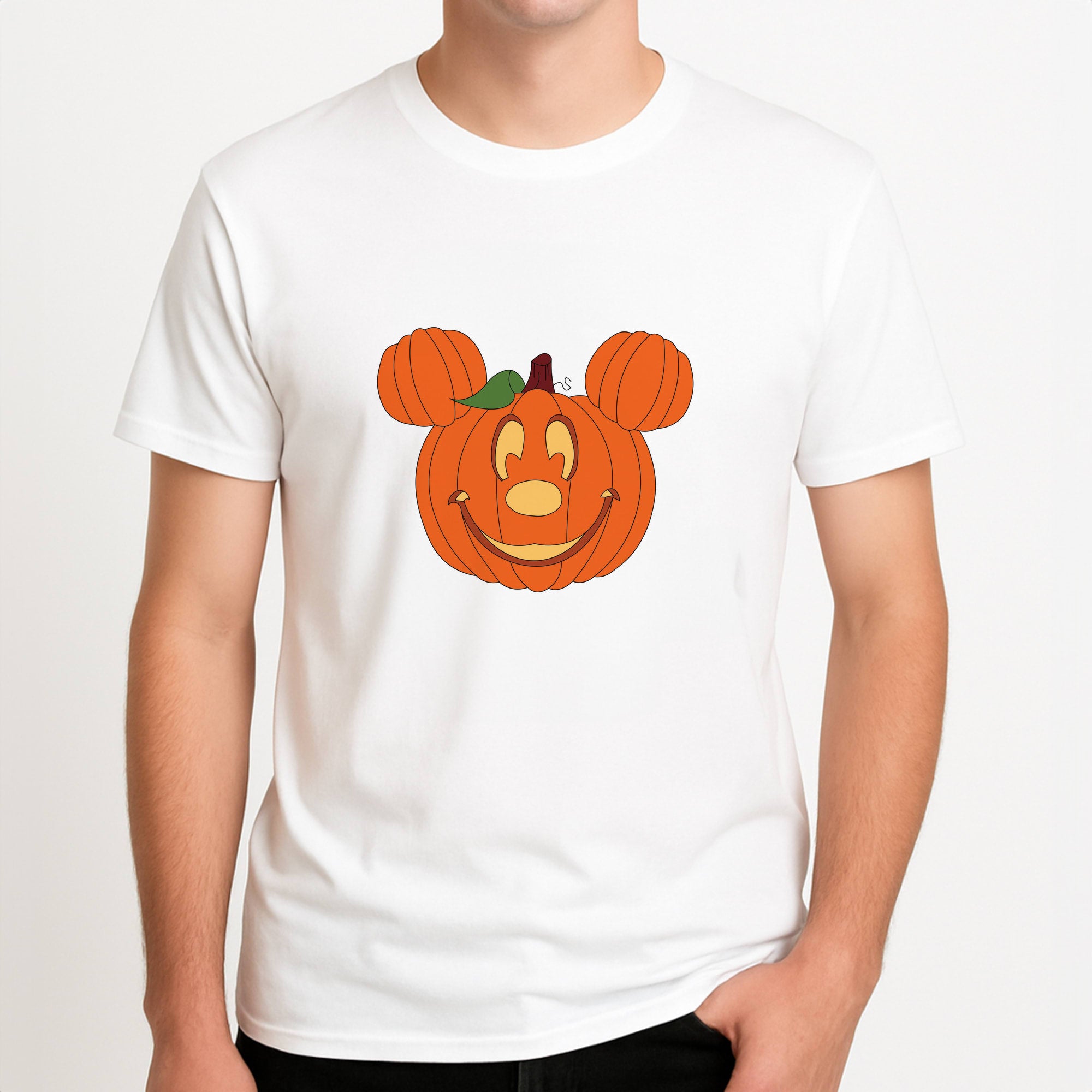 Mouse Pumpkin Halloween Unisex T-Shirt, worn by a male model.