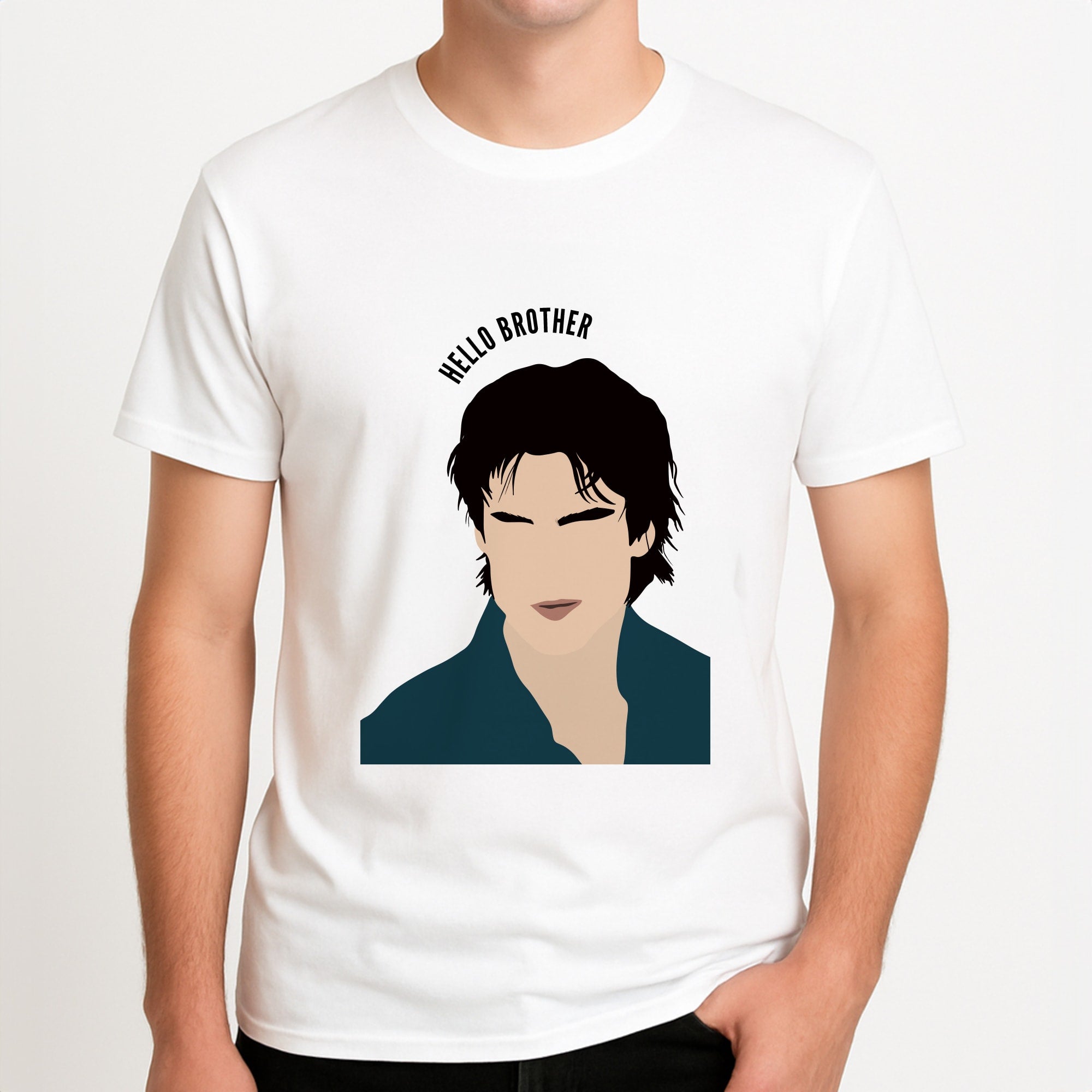 Hello Brother Cartoon - VD Unisex T-Shirt, worn by a male model.