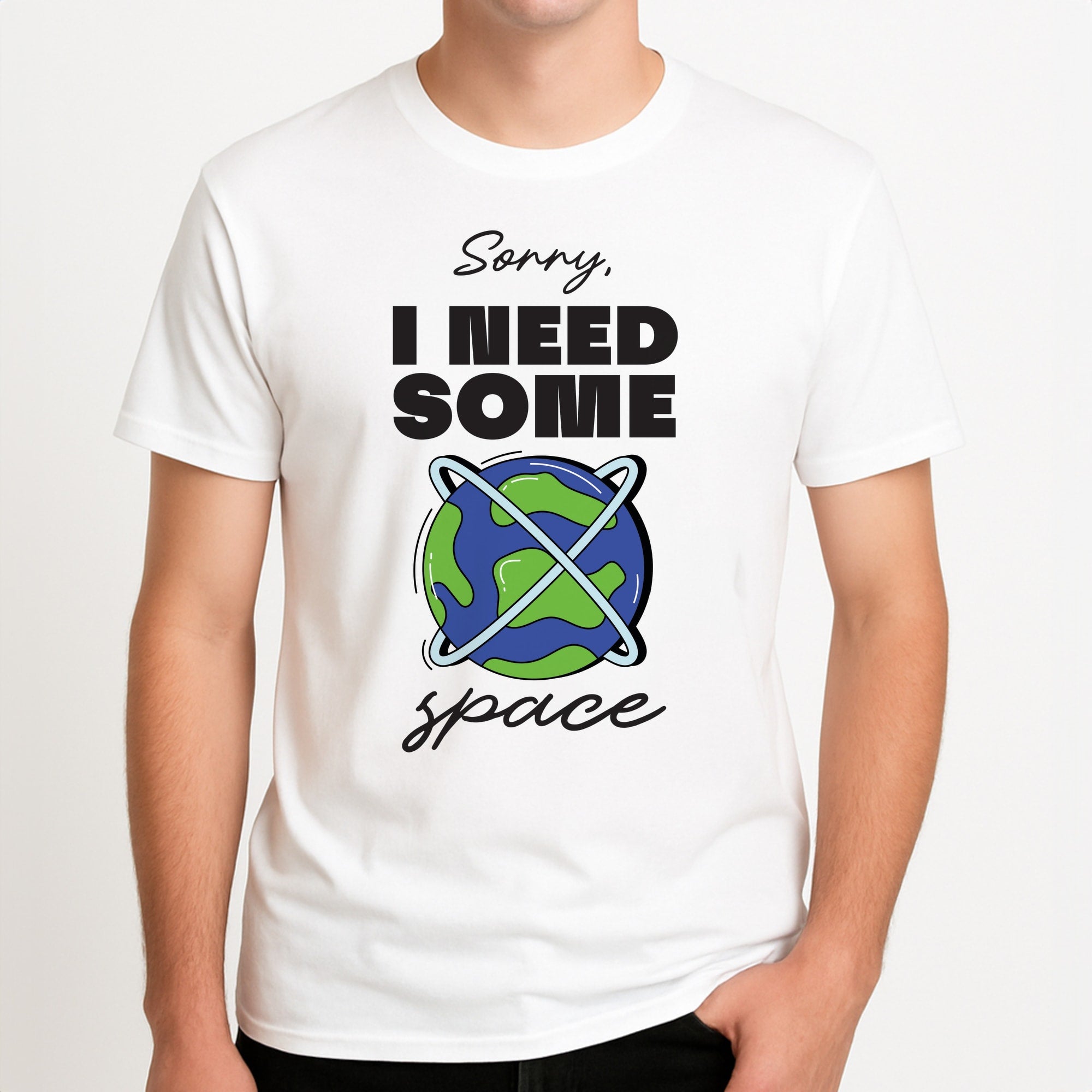 Cartoon I Need Some Space Unisex T-Shirt, worn by a male model.