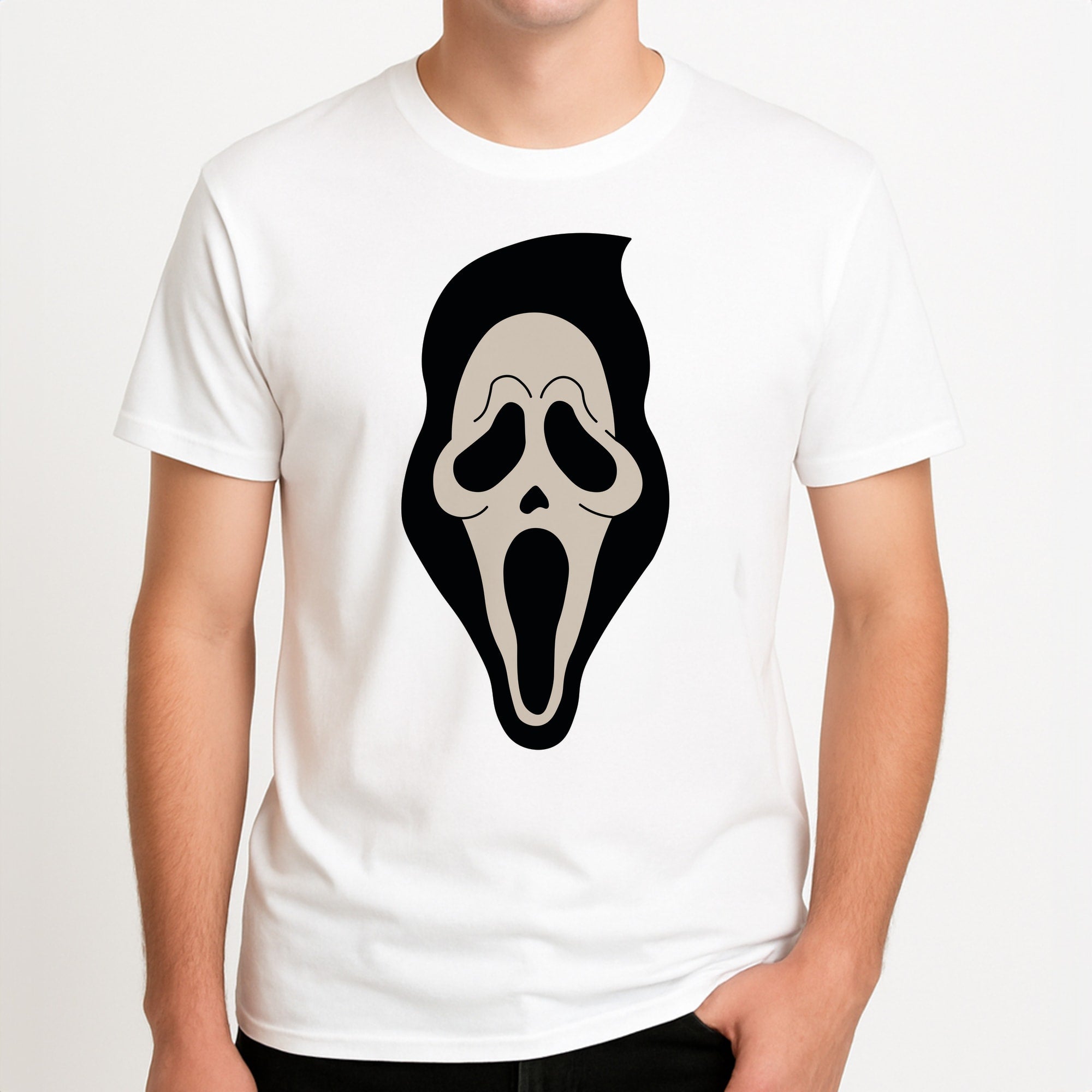 Pink Ghostface Pattern - Scream Unisex T-Shirt, worn by a male model.