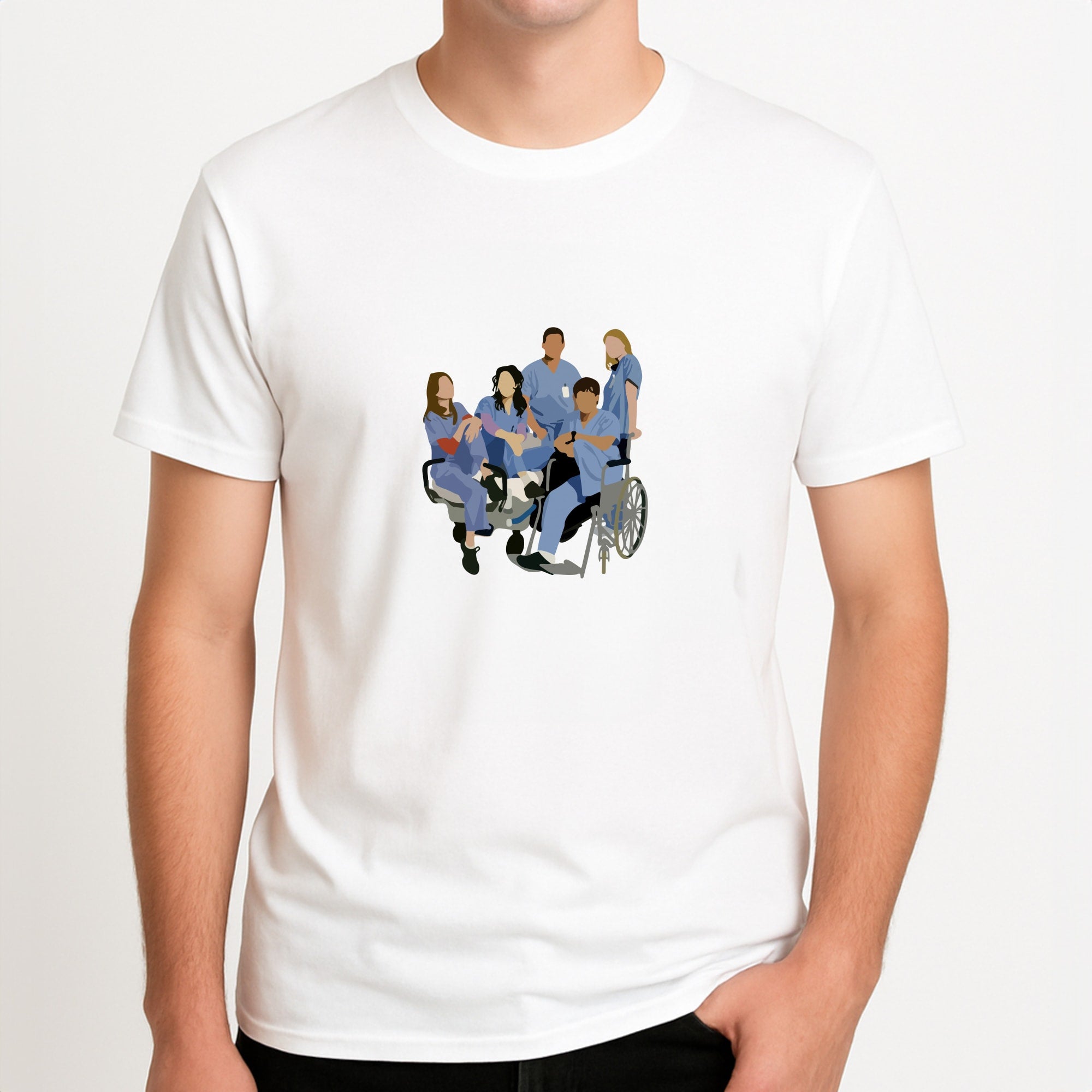 Greys Cast Unisex T-Shirt, worn by a male model.