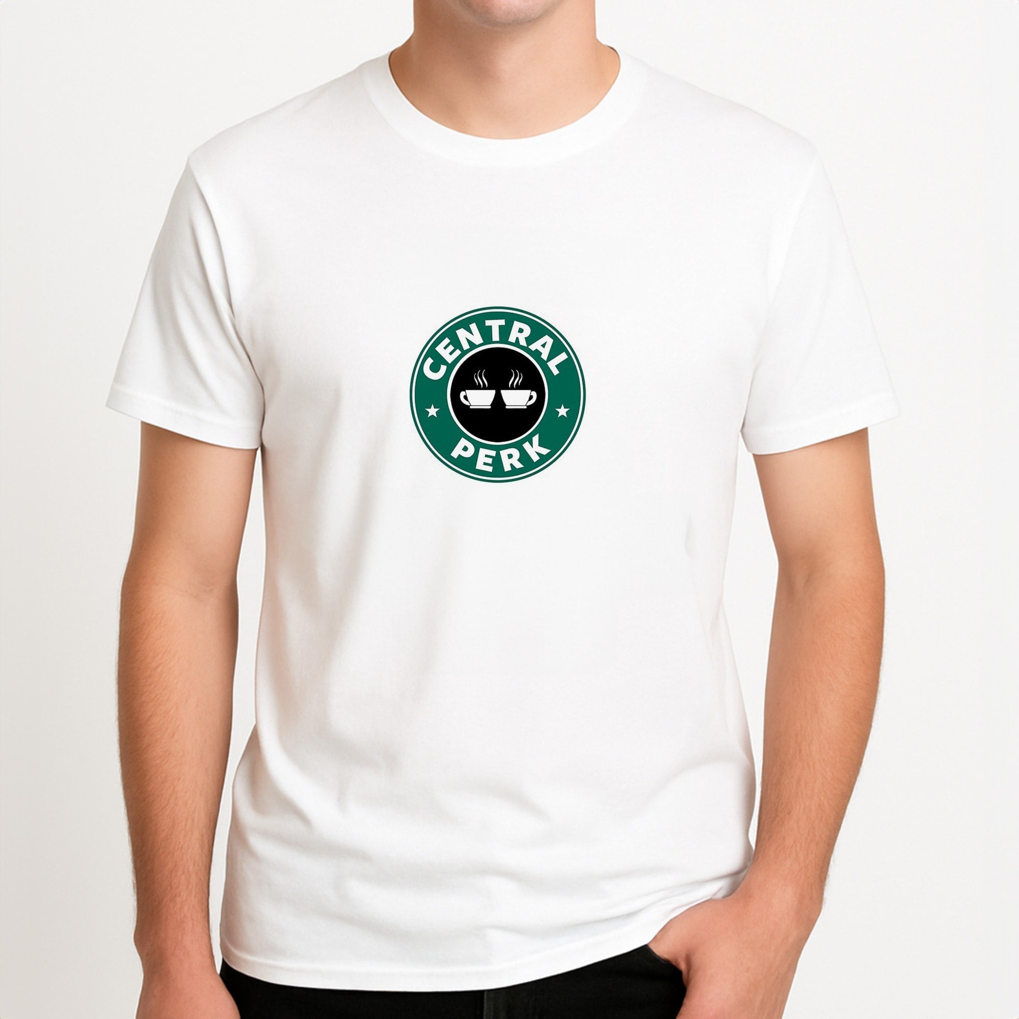 Central Perk - Coffee Logo Unisex T-Shirt, worn by a male model.