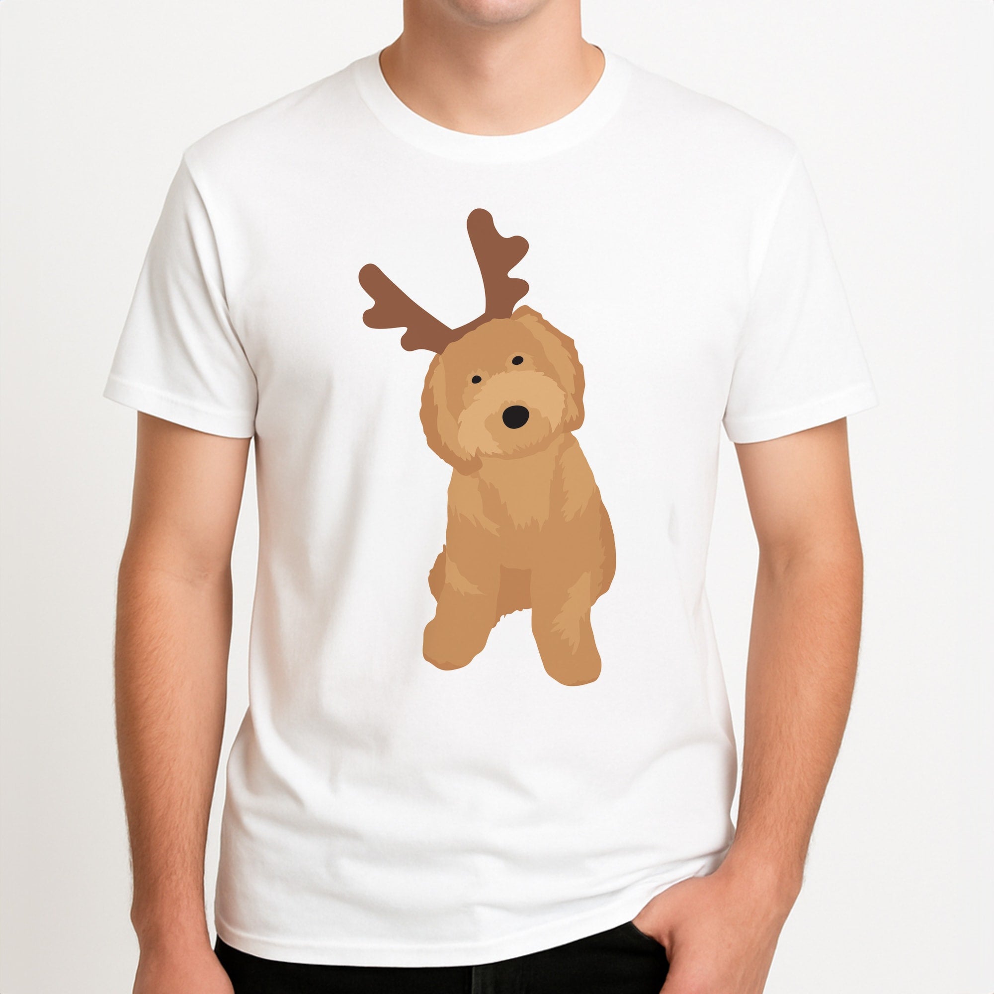 Dog Christmas Ears Unisex T-Shirt, worn by a male model.