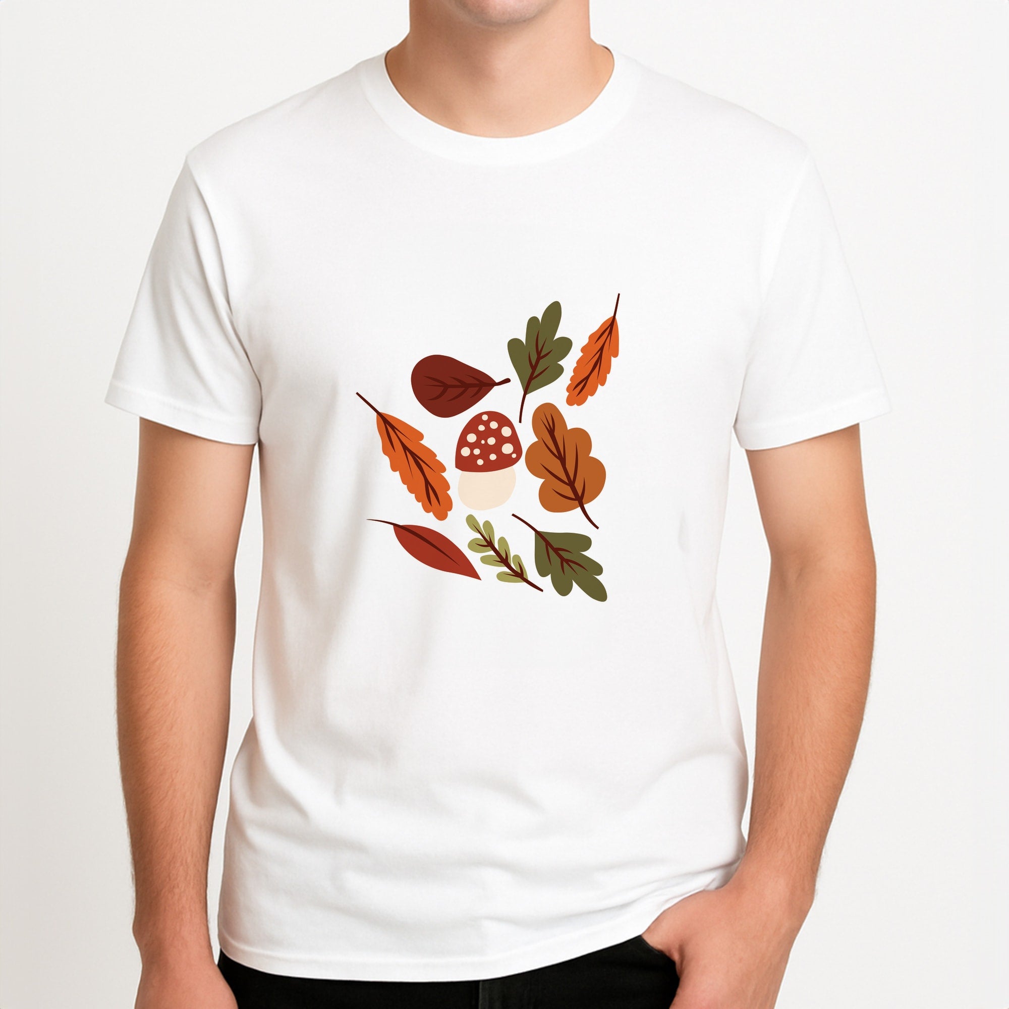 Autumn Pattern Unisex T-Shirt, worn by a male model.