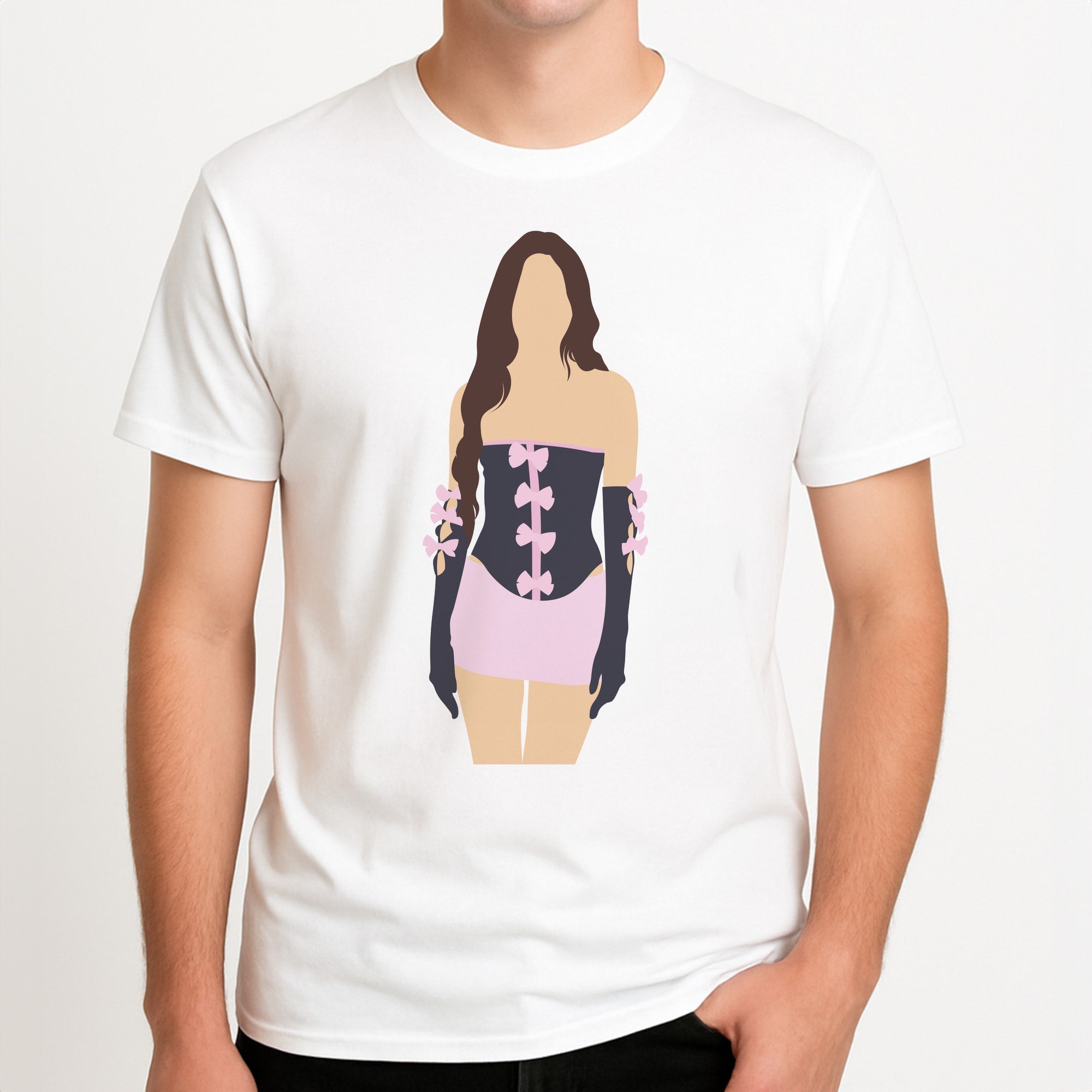 Pink Hearts - Olivia Unisex T-Shirt, worn by a male model.