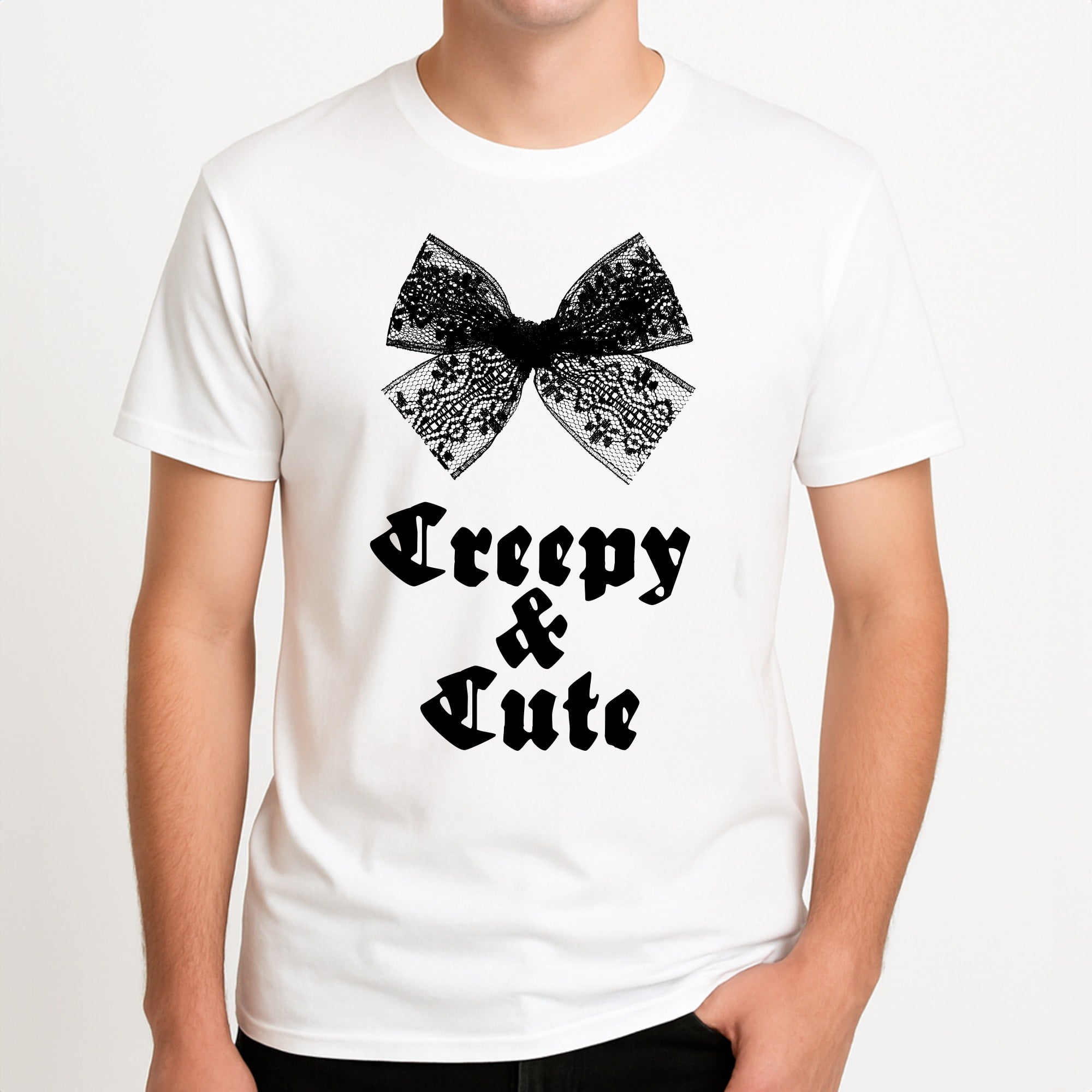 Creepy And Cute Coquette Unisex T-Shirt, worn by a male model.