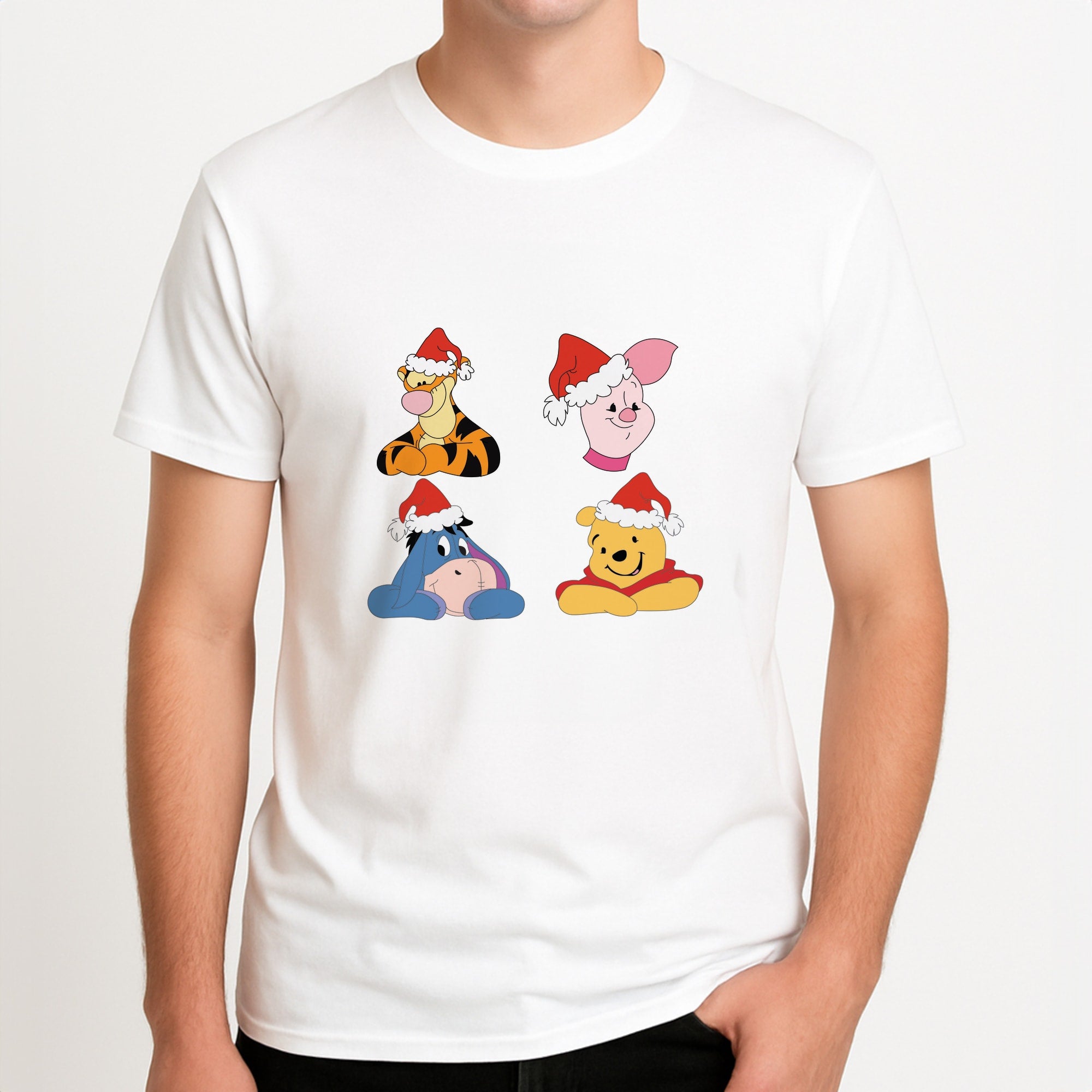 Bear, Tiger, Donkey and Pig Pattern Christmas Unisex T-Shirt, worn by a male model.