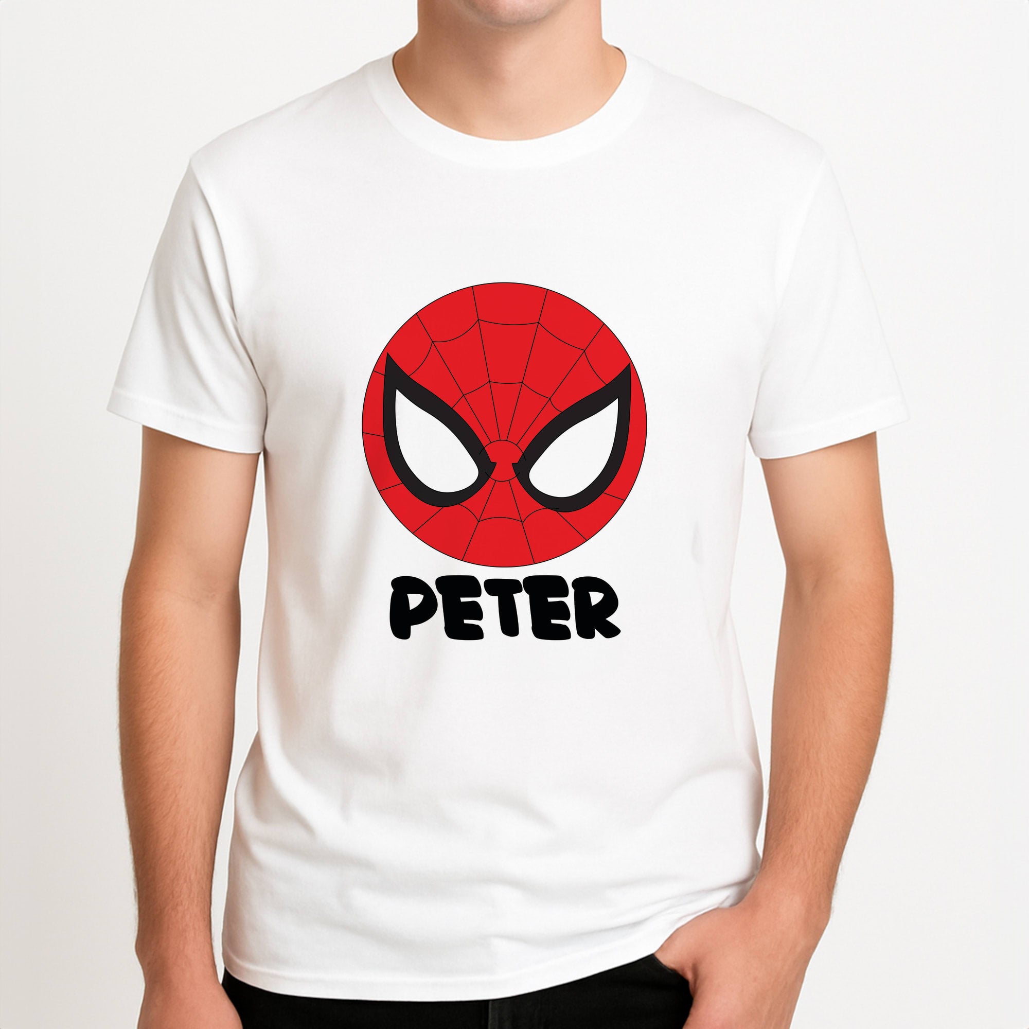 SpiderMan - Personalised Superhero Comic Unisex T-Shirt, worn by a male model.