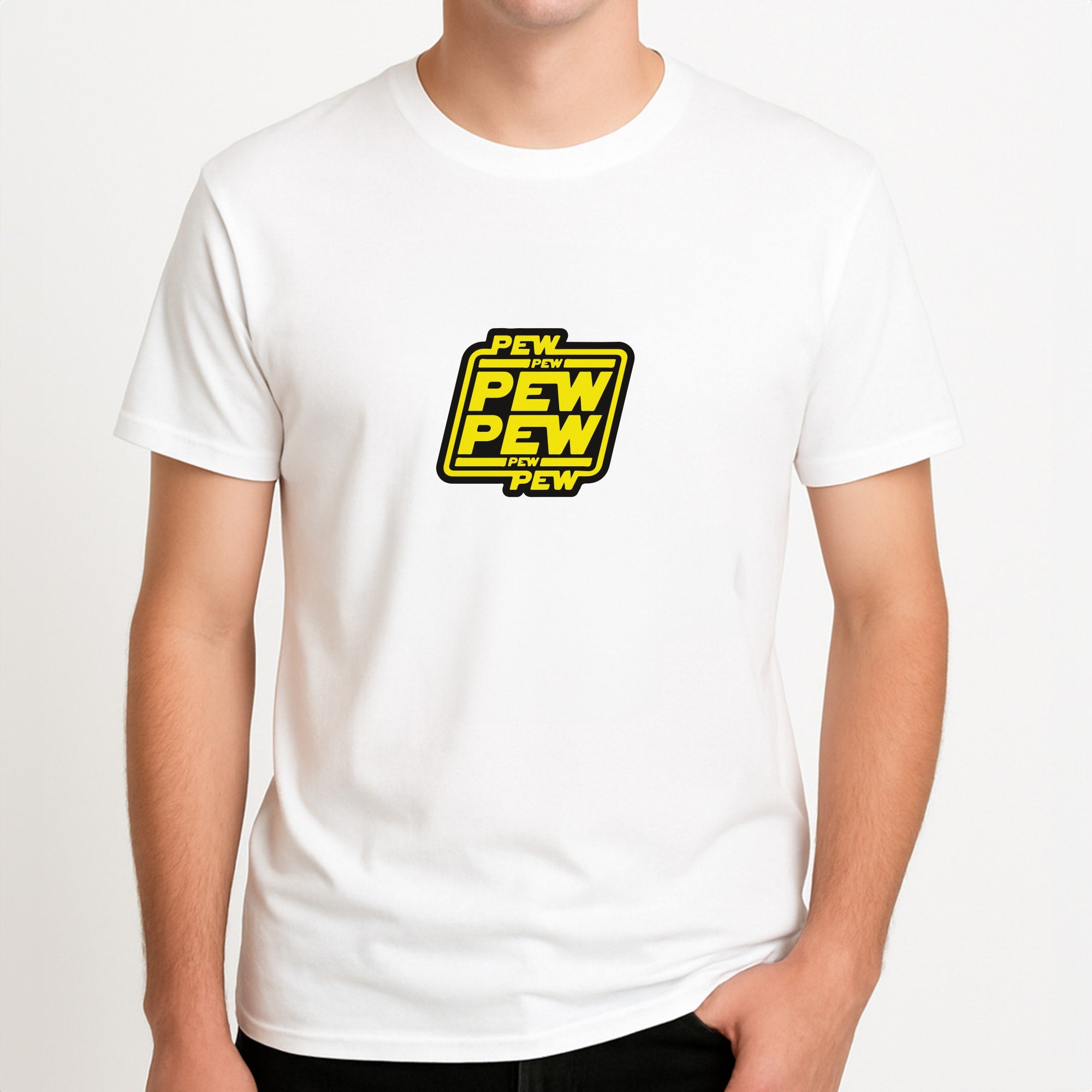 Pew Pew Unisex T-Shirt, worn by a male model.