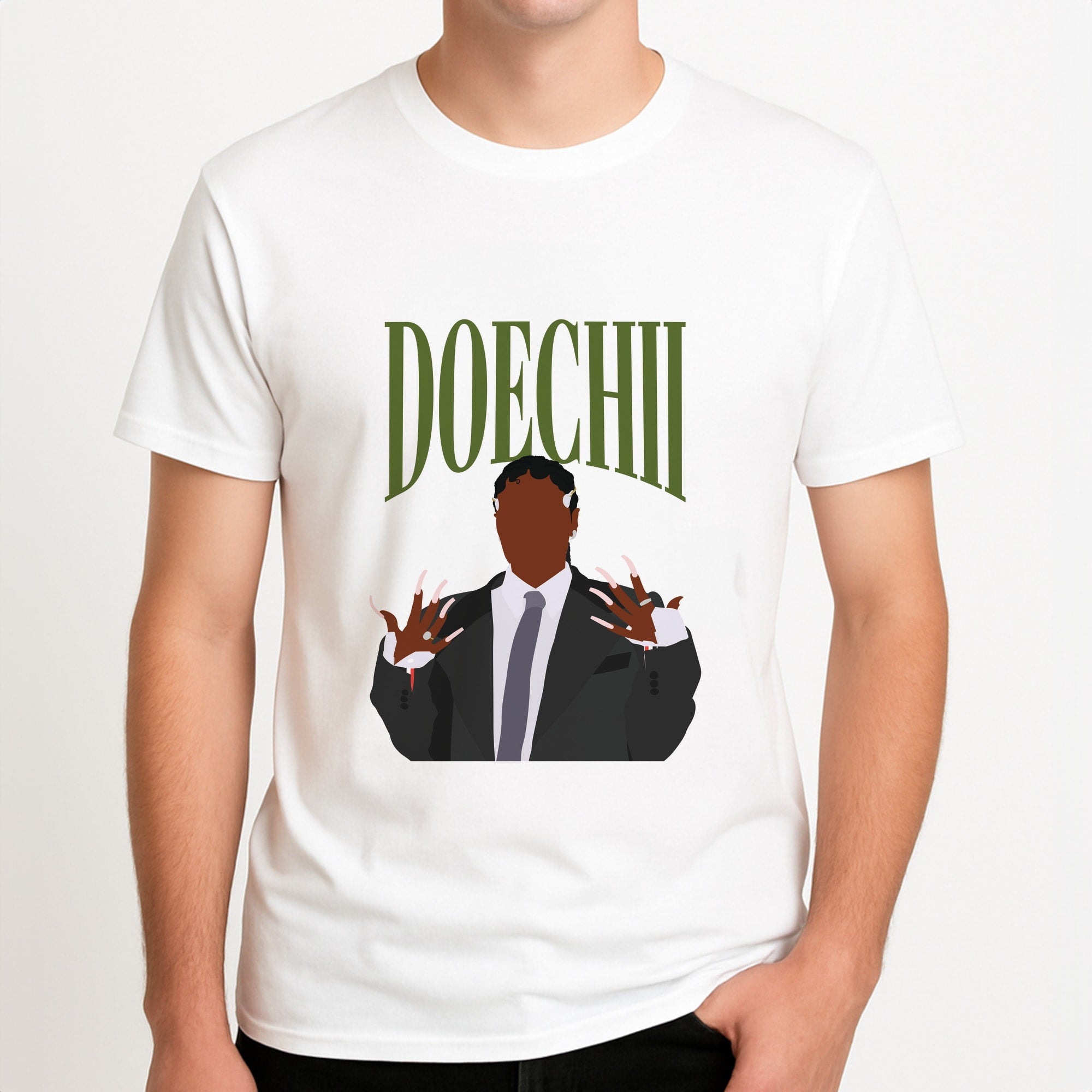 Rapper In Suit Unisex T-Shirt, worn by a male model.