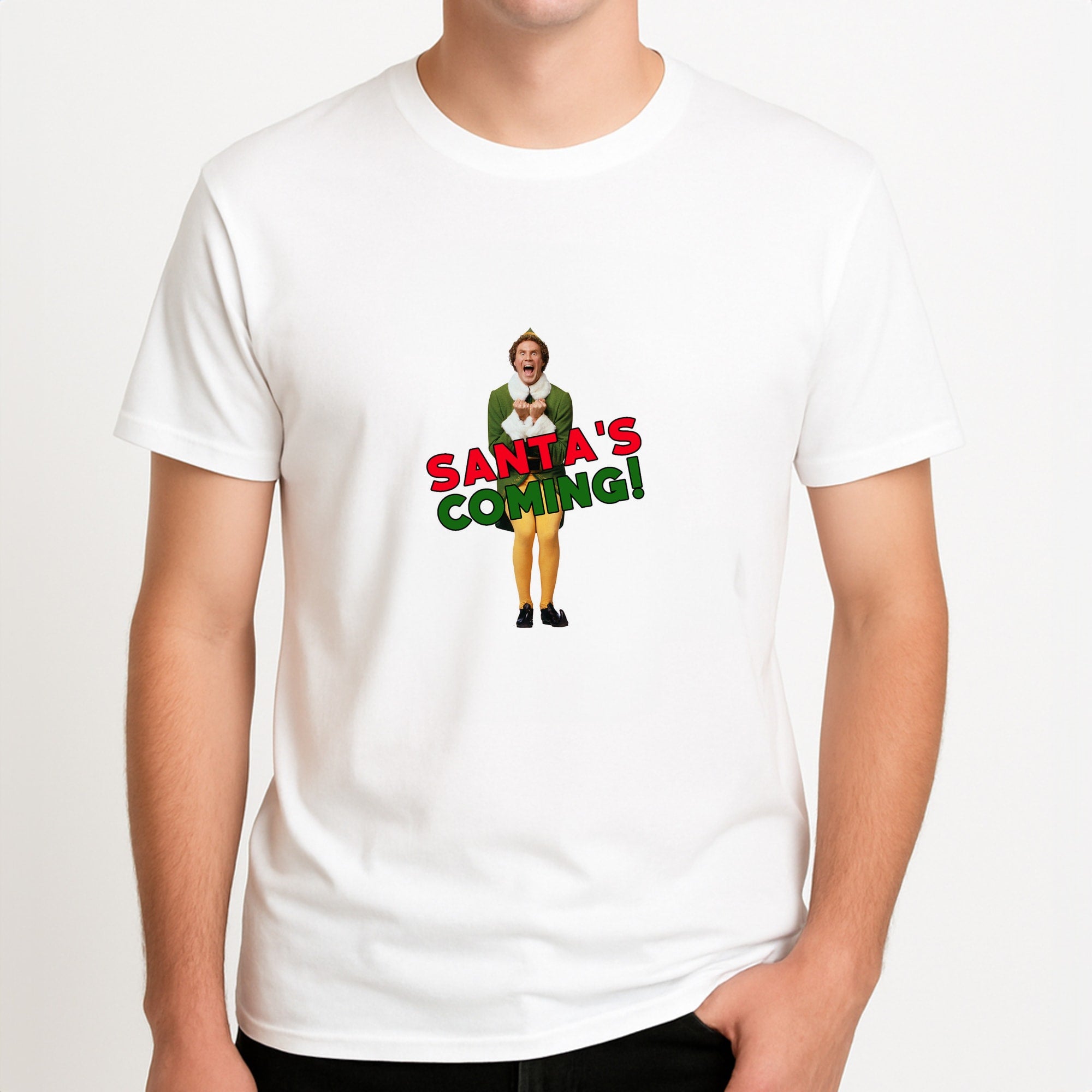 Buddy The Elf - Santa's Coming! Unisex T-Shirt, worn by a male model.