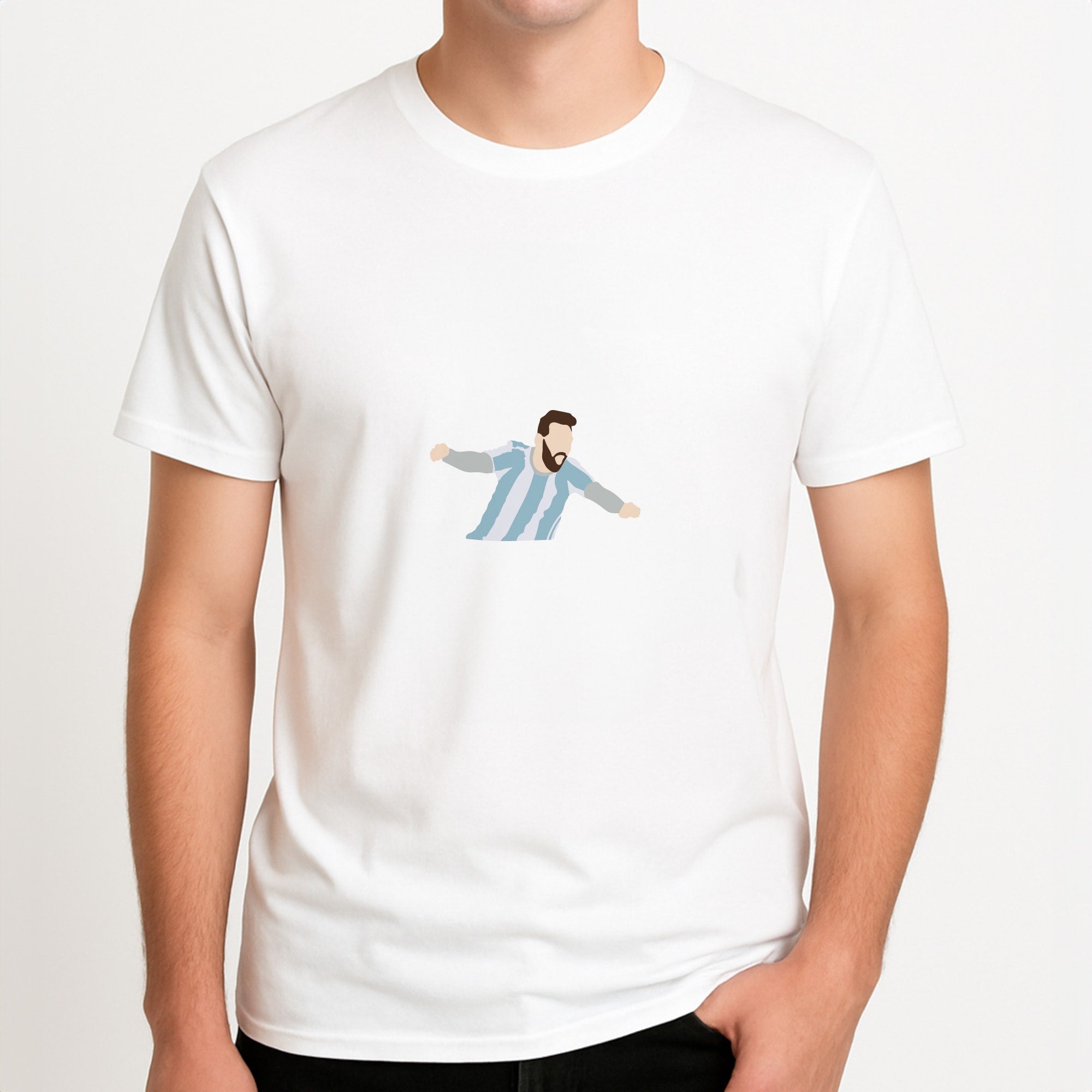 Goal - Messi Unisex T-Shirt, worn by a male model.