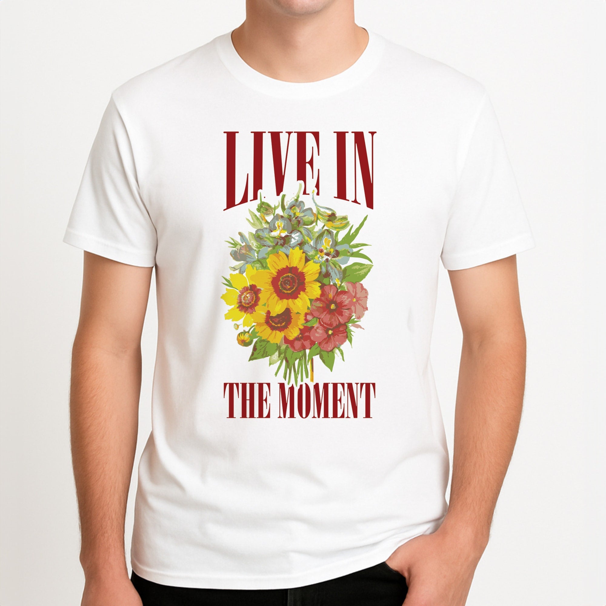 Live In The Moment Unisex T-Shirt, worn by a male model.