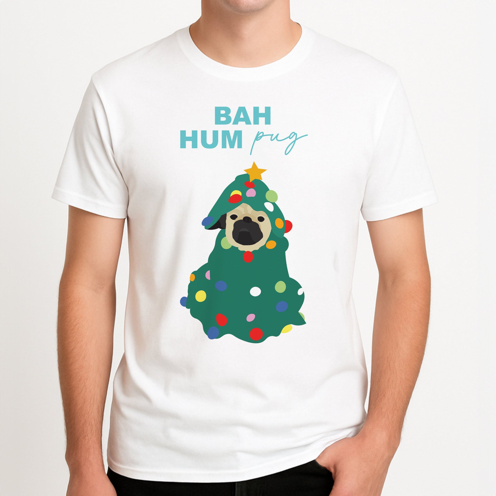 Bah Hum Pug Unisex T-Shirt, worn by a male model.