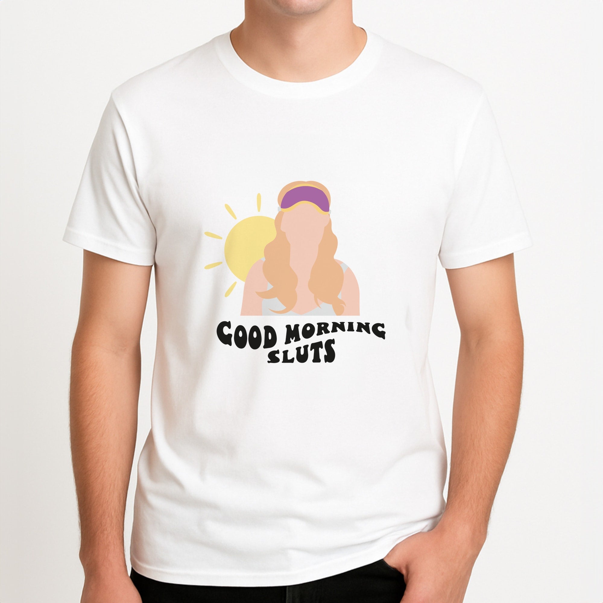 Good Morning - Halloween Queens Unisex T-Shirt, worn by a male model.