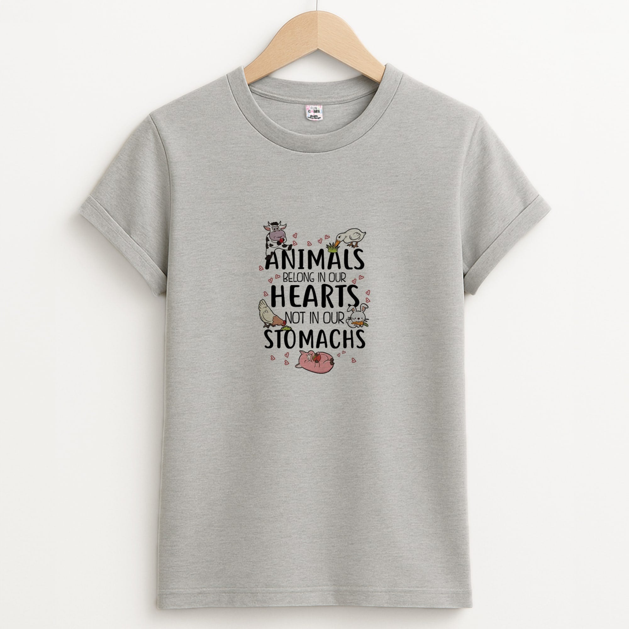 Animals Belong In Our Hearts - Vegan Unisex Grey T-Shirt